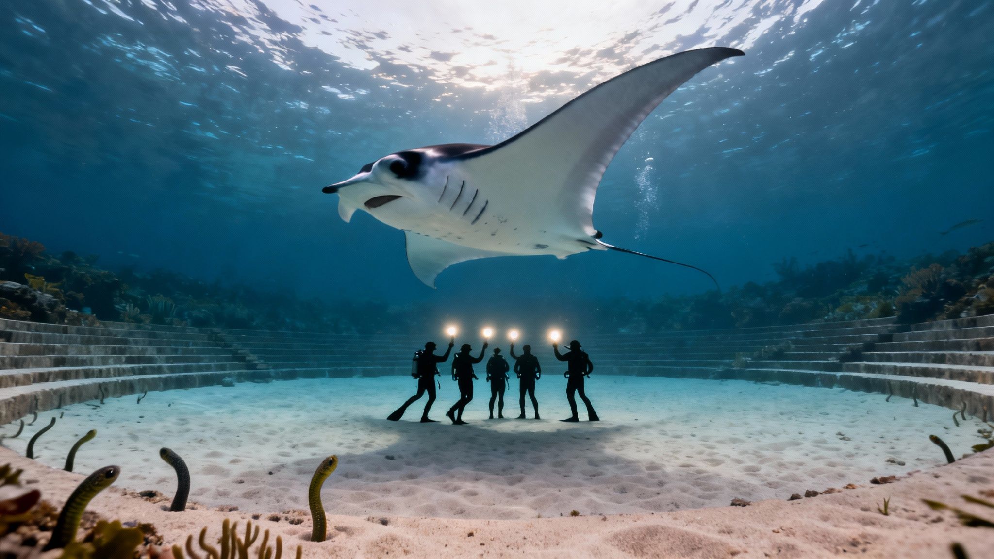 Scuba divers with lights illuminate a majestic manta ray in an underwater amphitheater with garden eels.