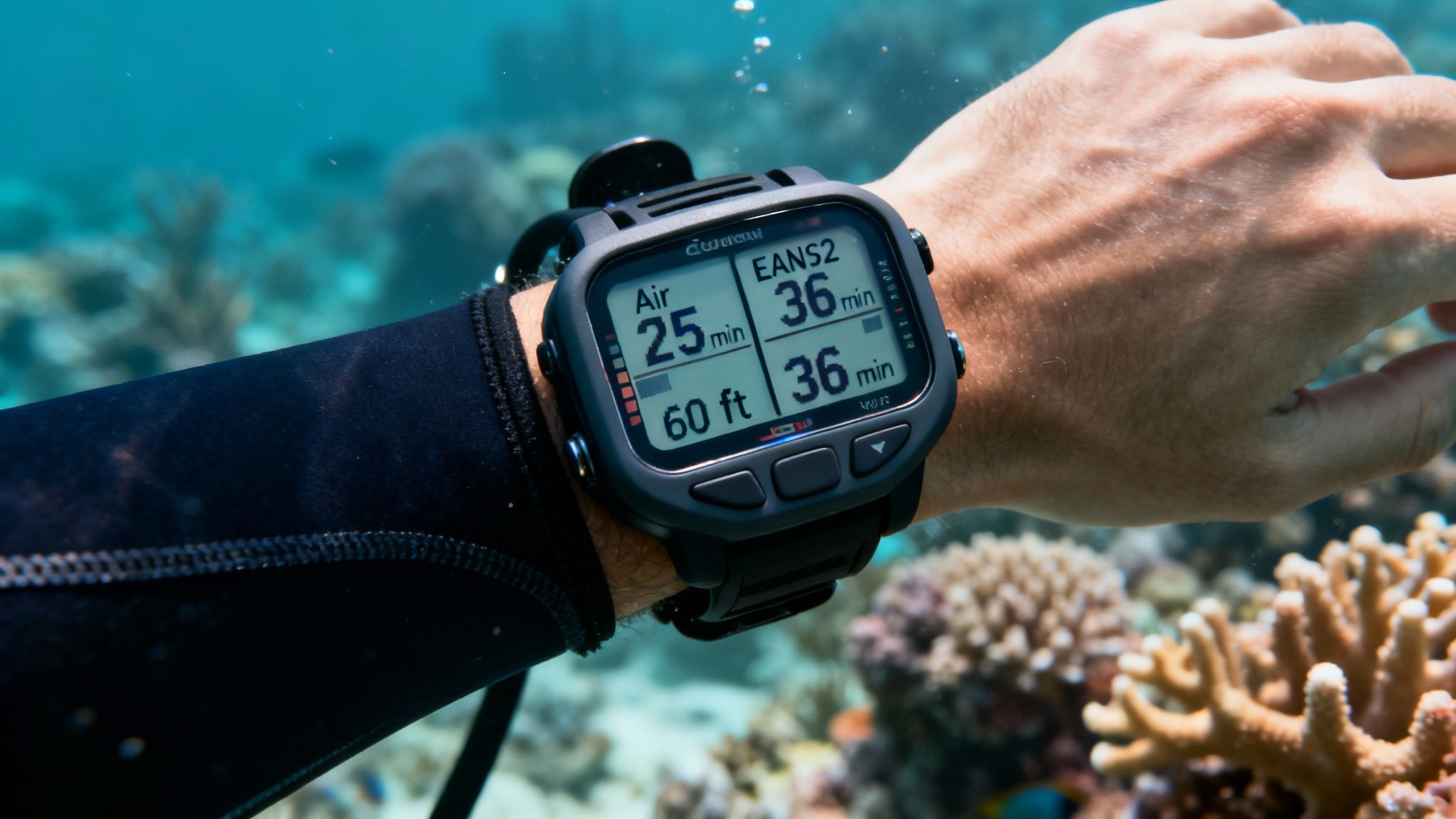Underwater shot of a diver's arm with a dive computer displaying essential dive data.