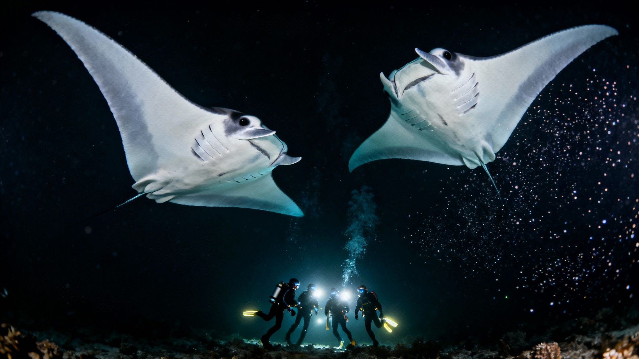 A group of scuba divers on the ocean floor look up as a giant manta ray gracefully glides over them, illuminated by dive lights.