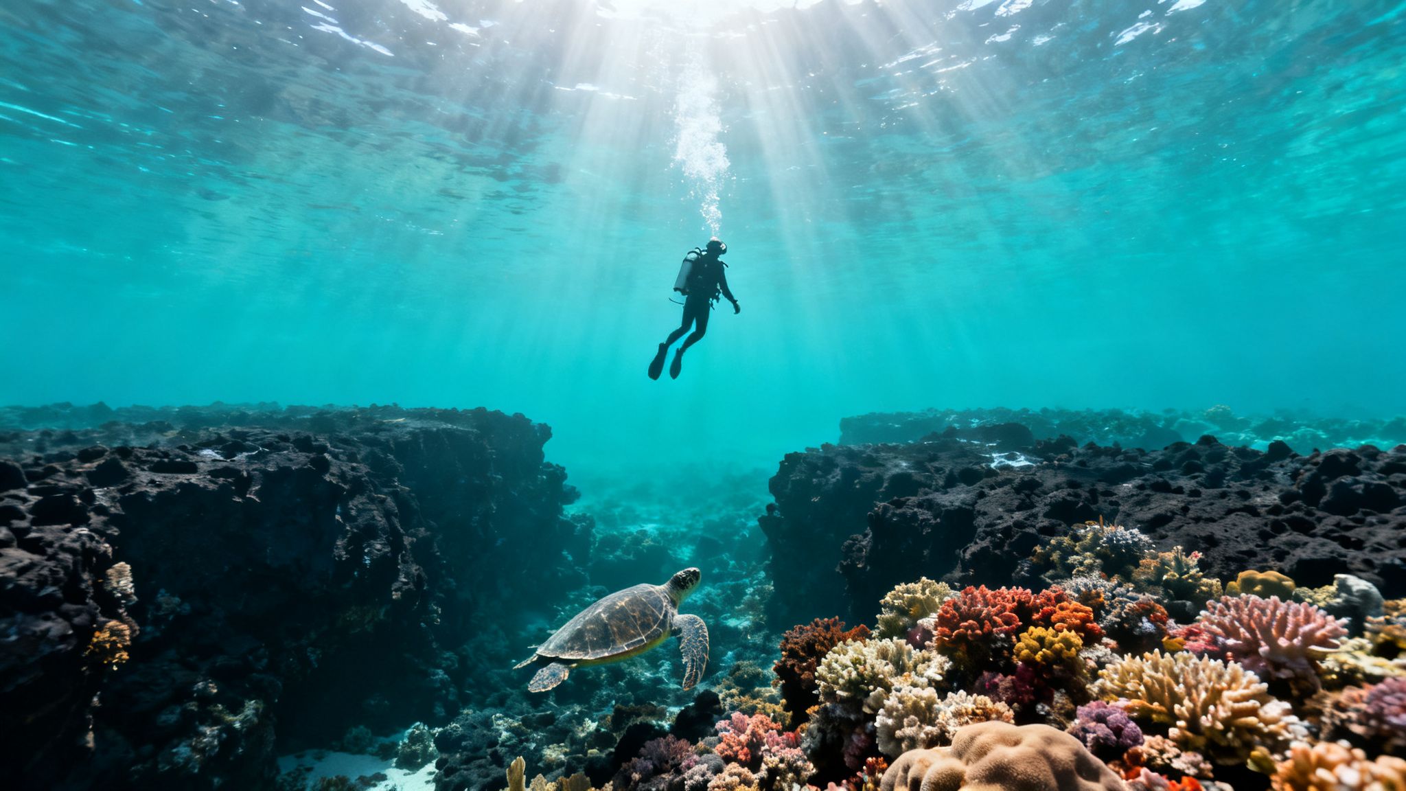 A scuba diver explores a vibrant coral reef with a sea turtle in clear blue water, bathed in sunlight.