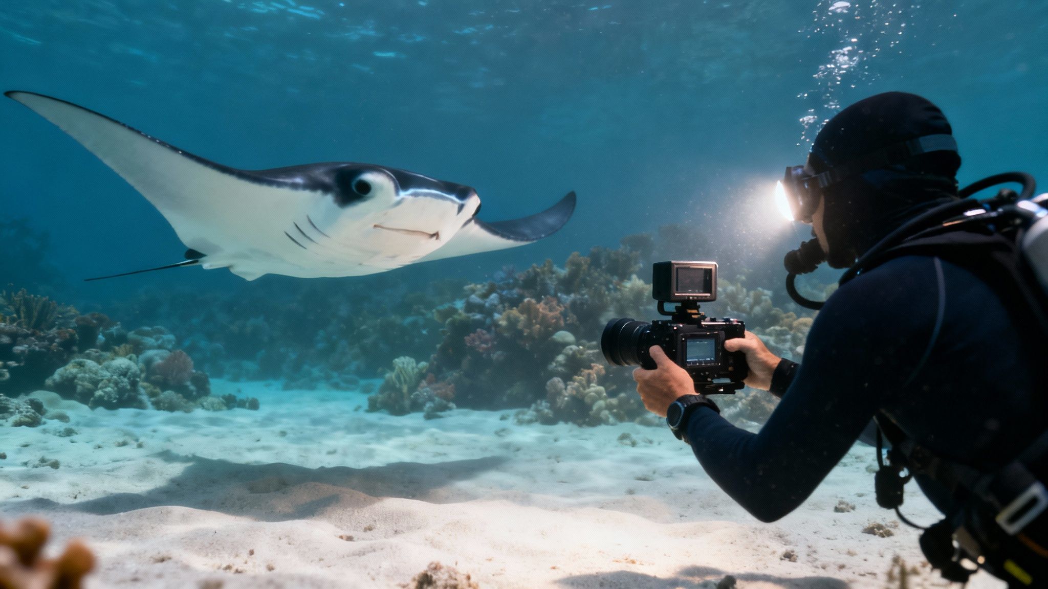Underwater Photographer Capturing Manta Rays