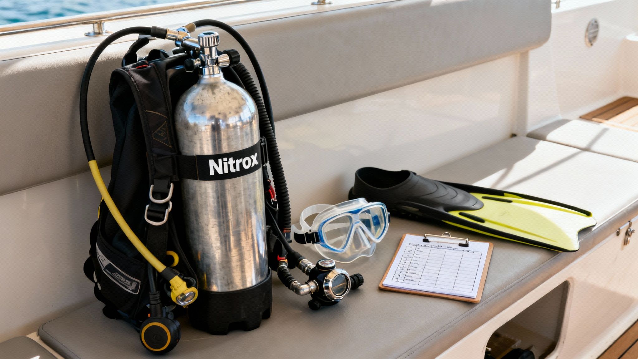 Complete scuba diving gear, including a Nitrox tank, regulator, mask, fins, and a checklist, arranged on a boat seat.