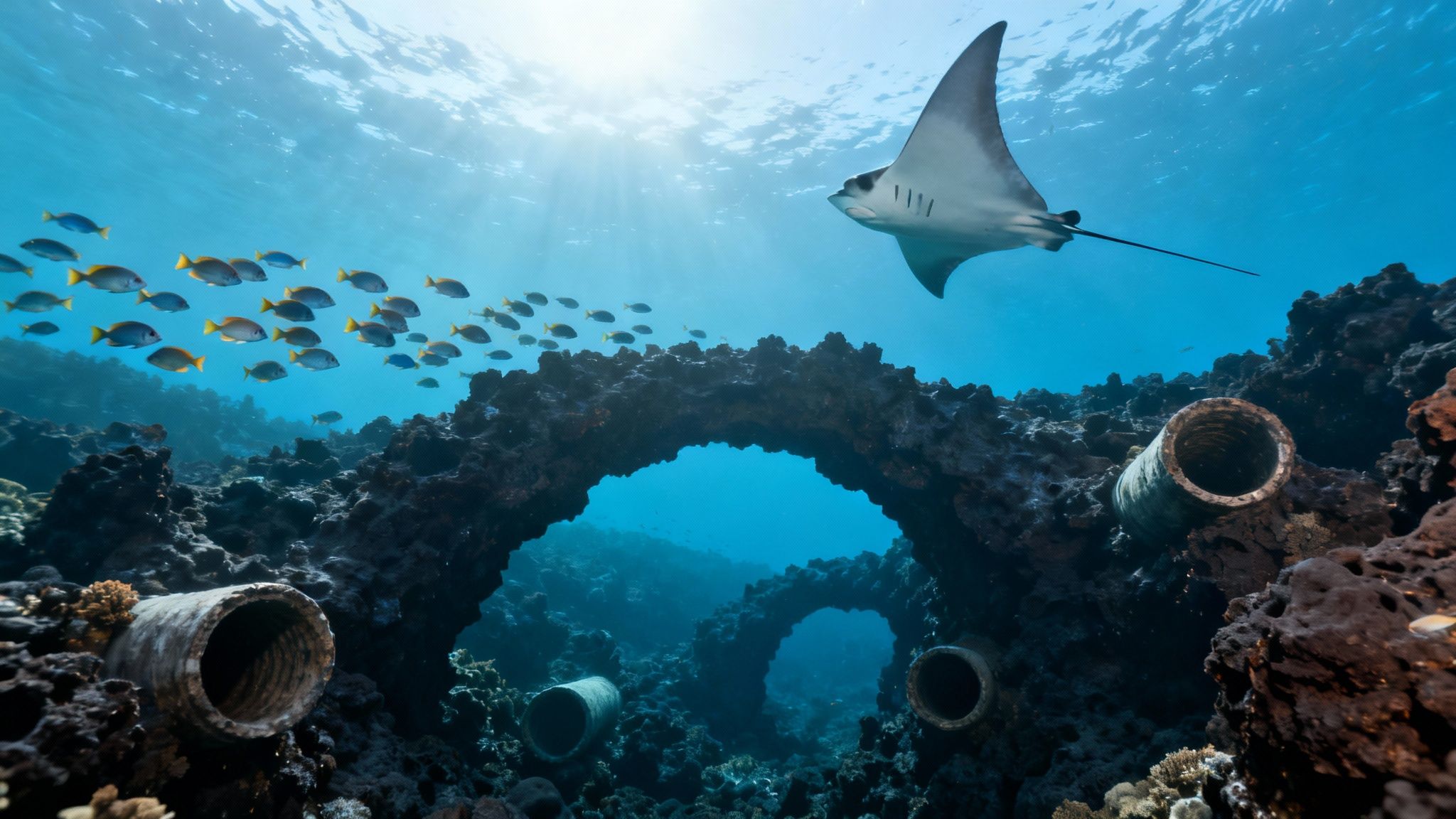 A majestic manta ray glides over an artificial reef with arches and pipes, with a school of fish nearby.