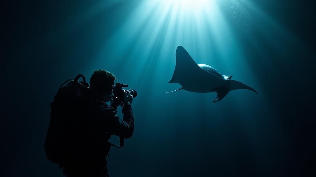 Two snorkelers watching a large manta ray swim just below the surface at night.