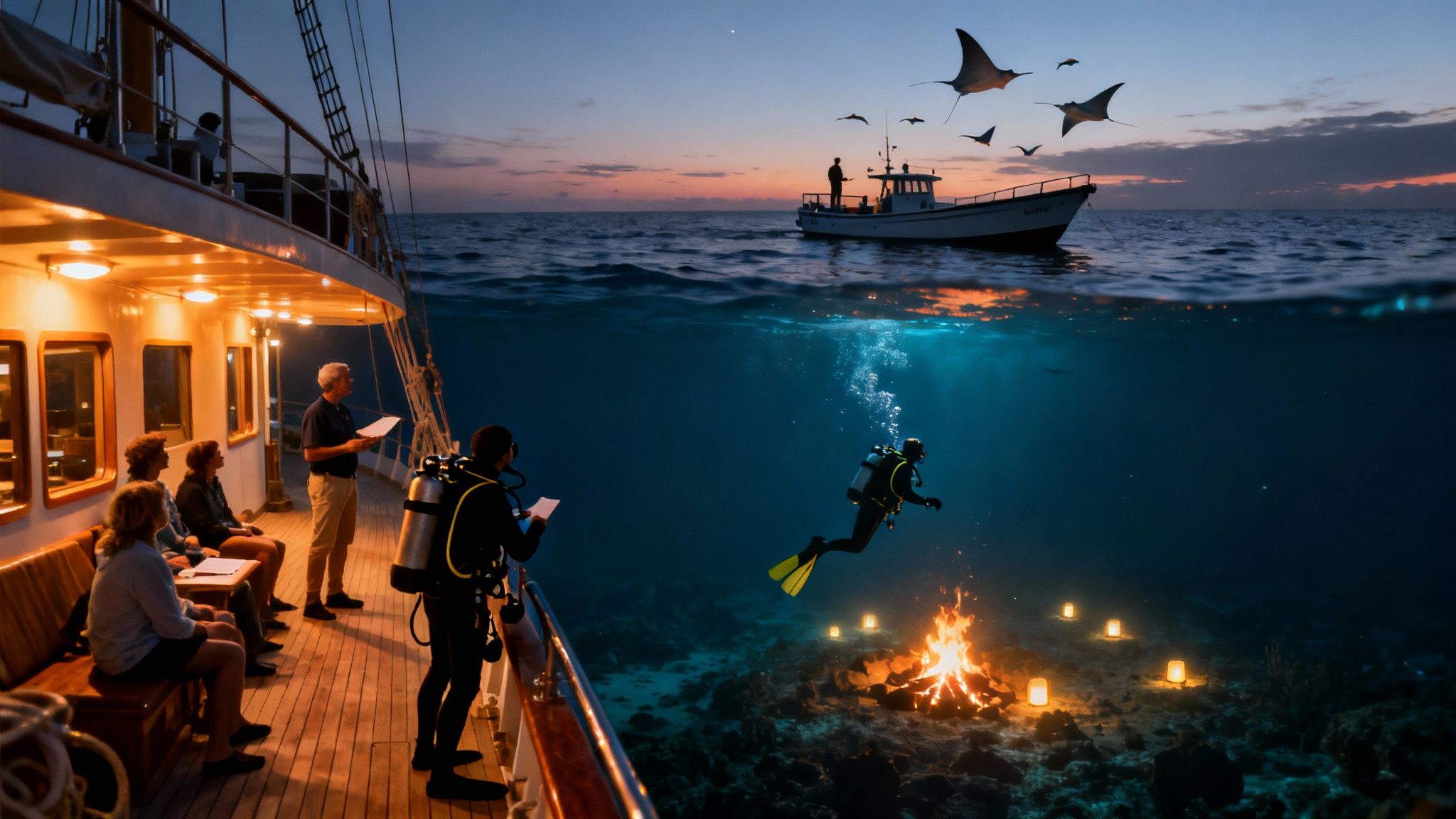 Split view: a boat with people, manta rays above water, and divers exploring an underwater bonfire.