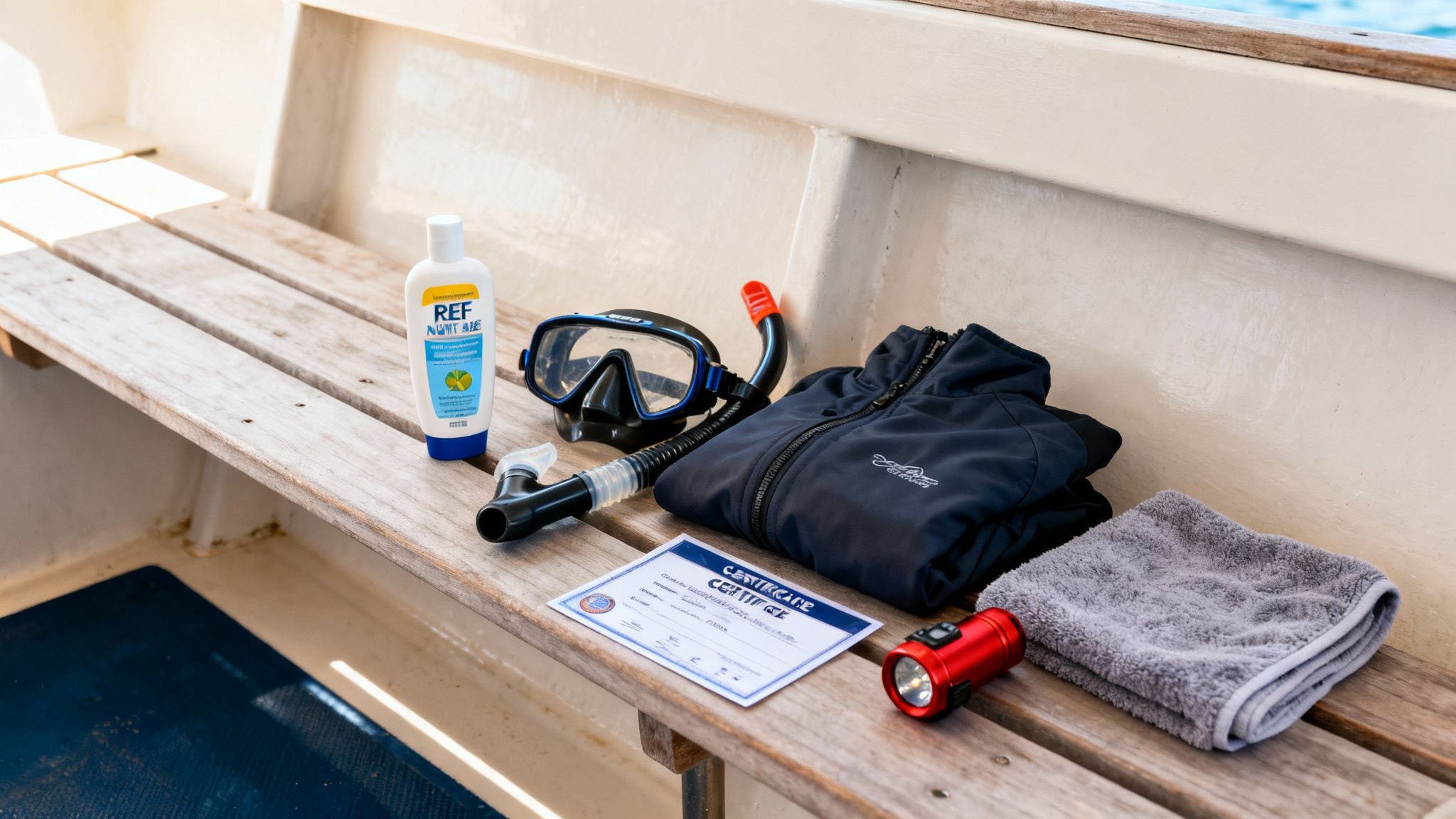 Snorkel gear, sunscreen, a certificate, and other dive essentials on a wooden boat bench.