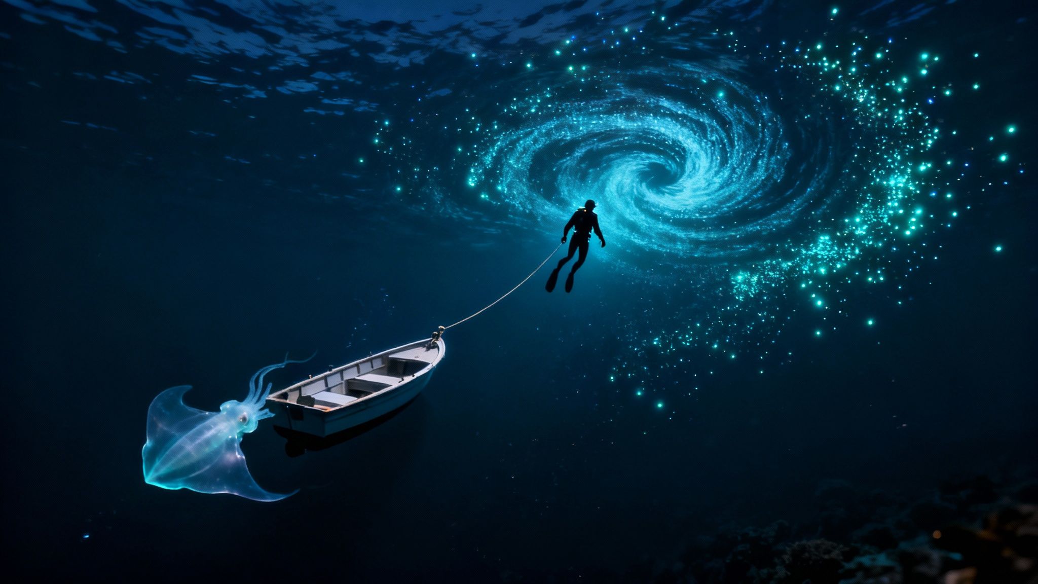 A bioluminescent creature photographed during a blackwater dive in Kona.