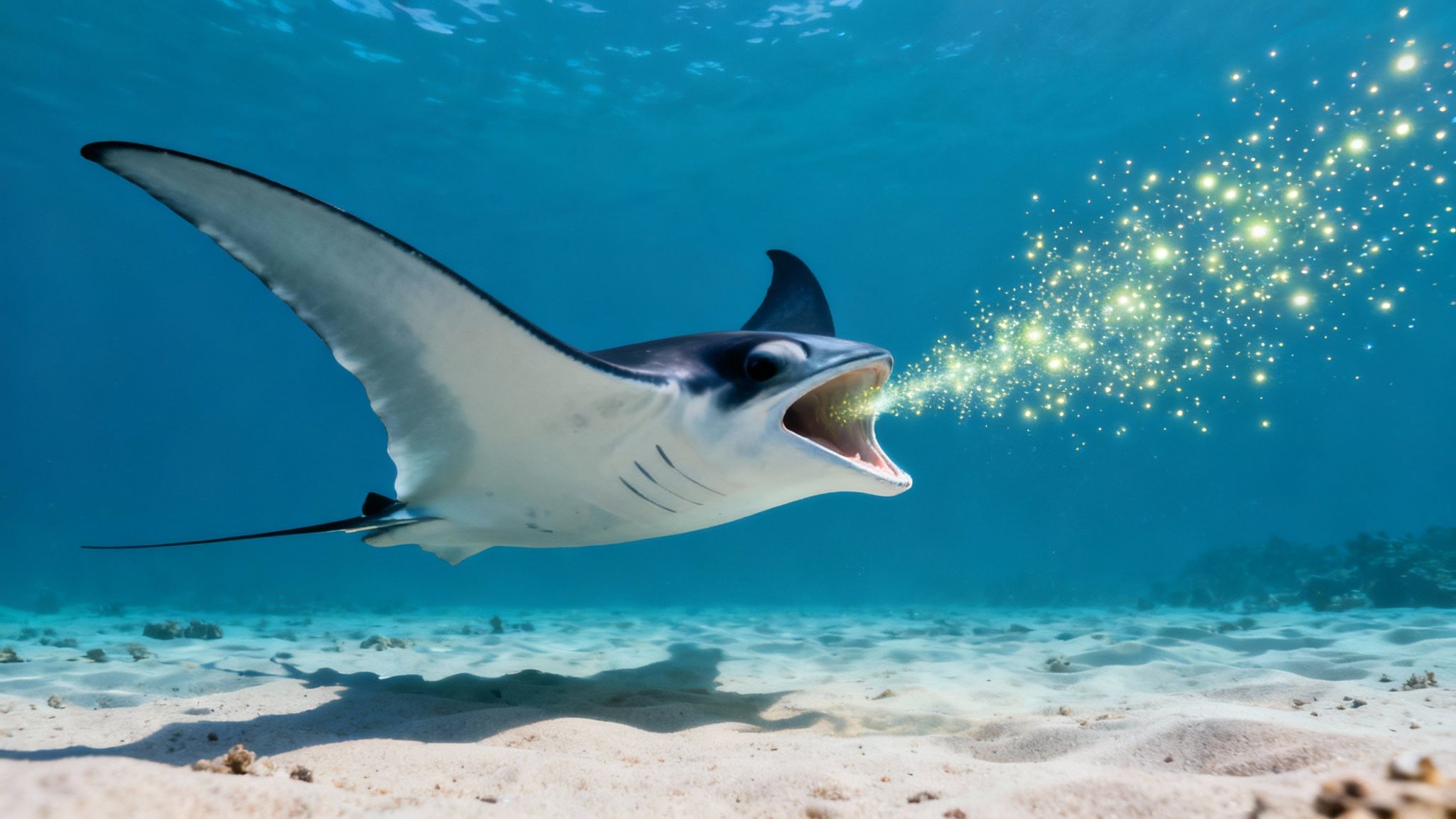 A close-up of a manta ray’s underside, showing its unique spot pattern as it glides overhead on a Big Island manta ray dive.