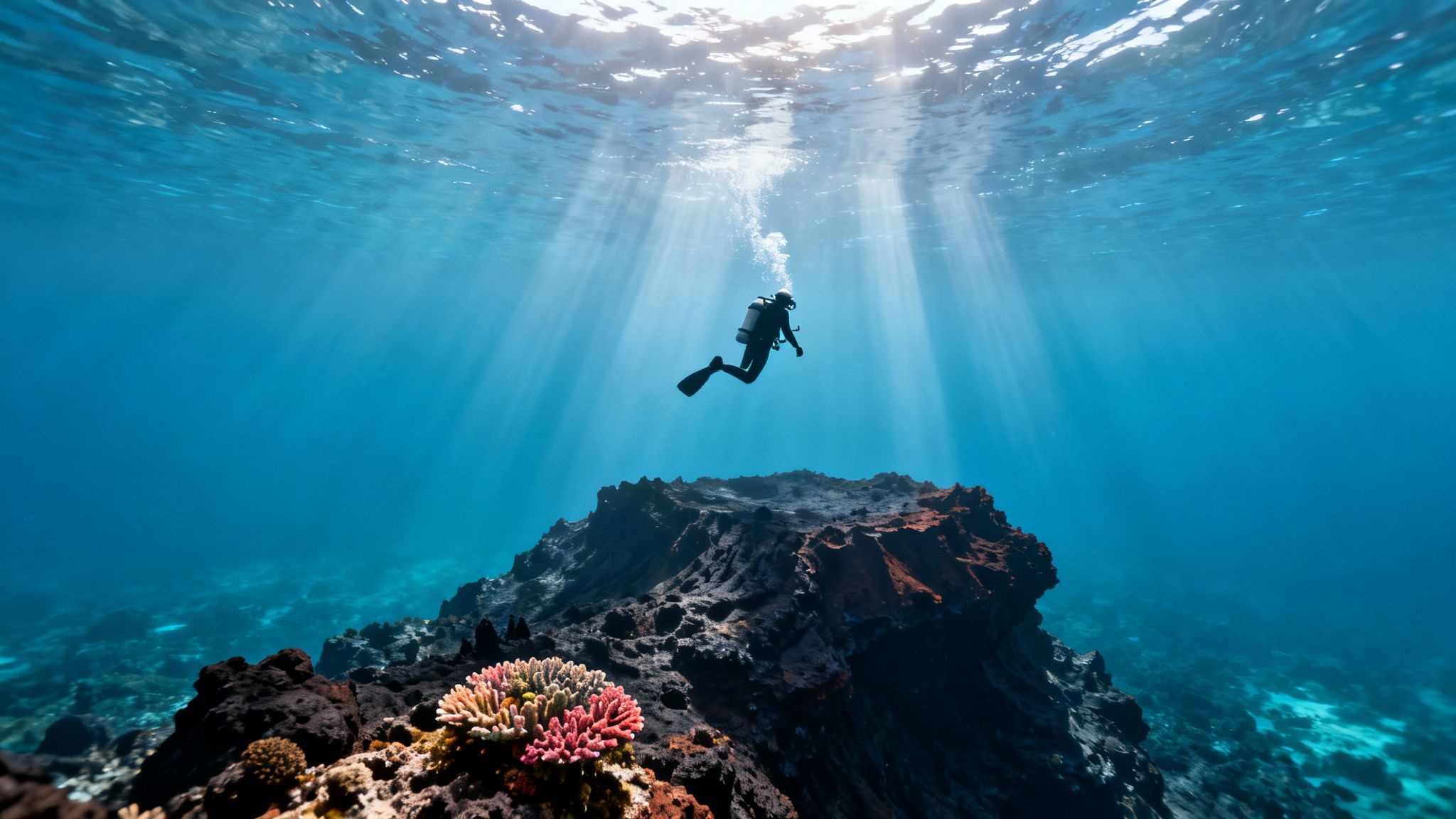 A scuba diver explores vibrant coral reefs in clear blue sunlit ocean waters.