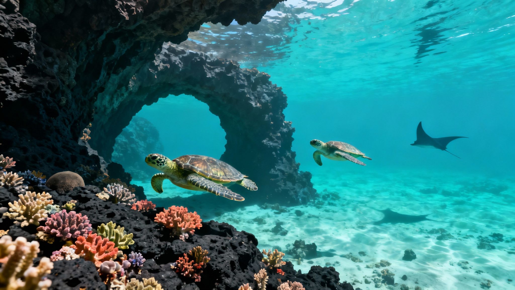 A scuba diver swimming near a large green sea turtle over a coral reef on the Big Island.