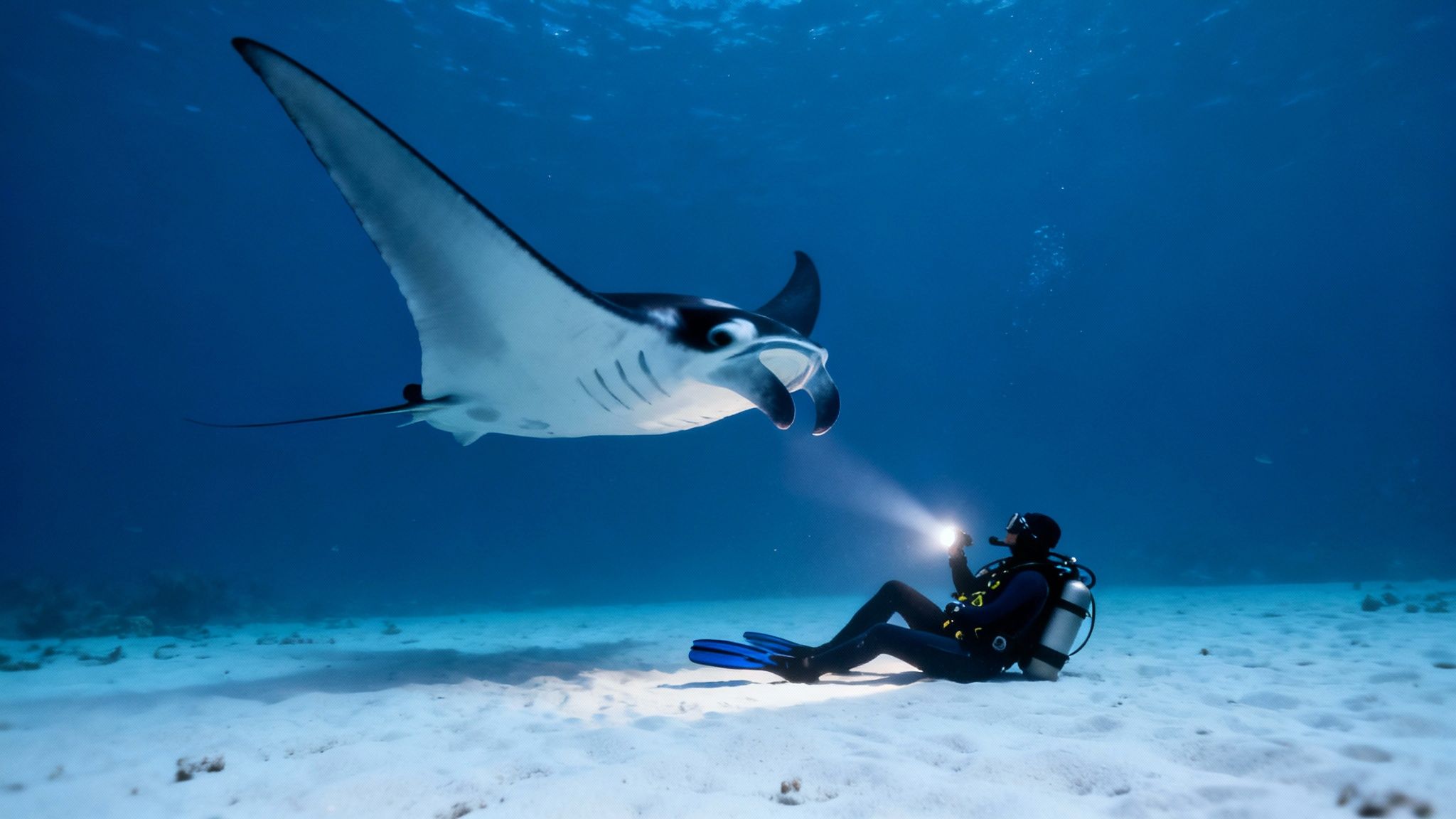 A group of manta rays gracefully barrel-roll through the water at night, illuminated by dive lights.