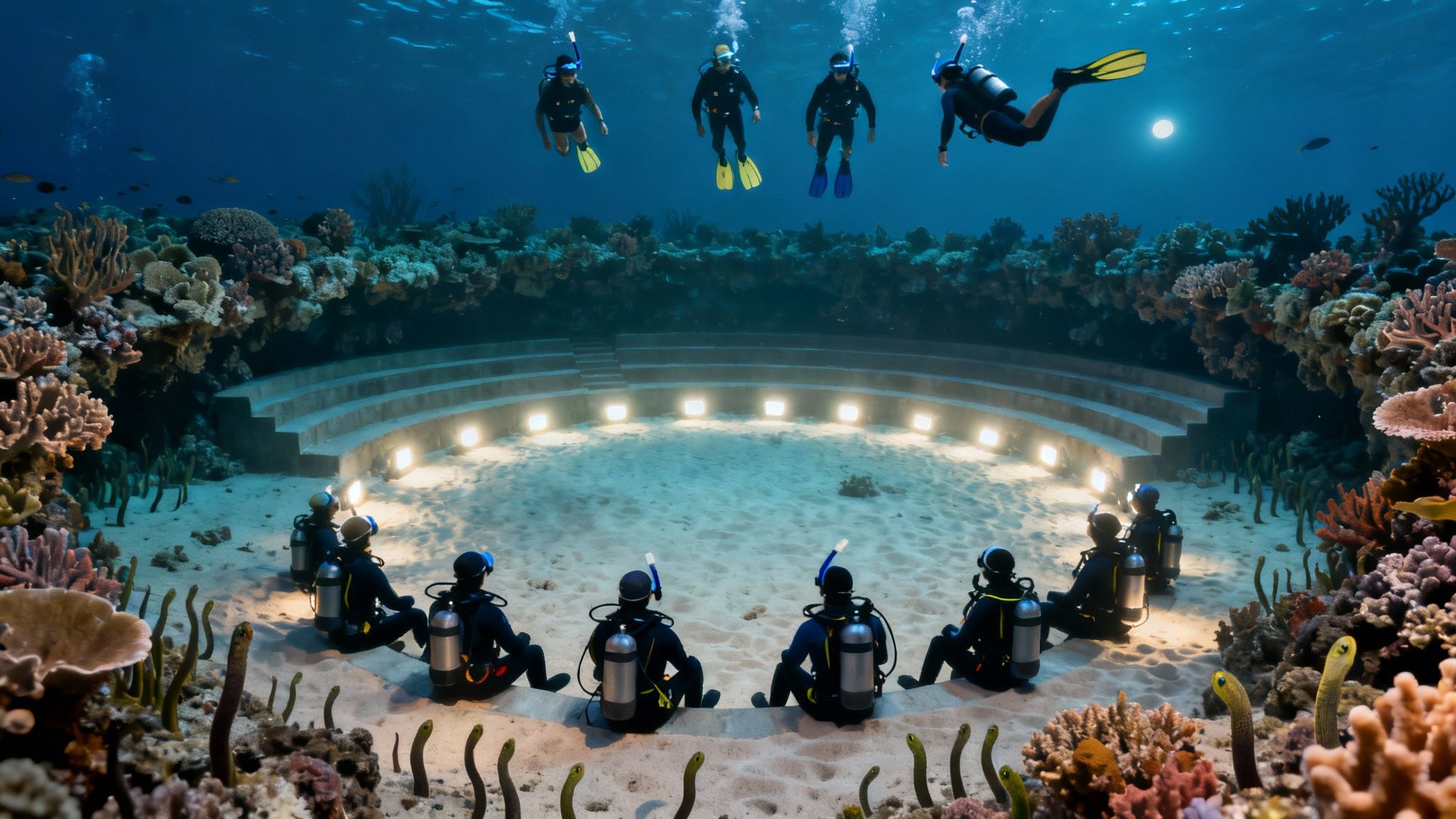 A scuba diver observes a giant manta ray feeding at night in Garden Eel Cove, Kona