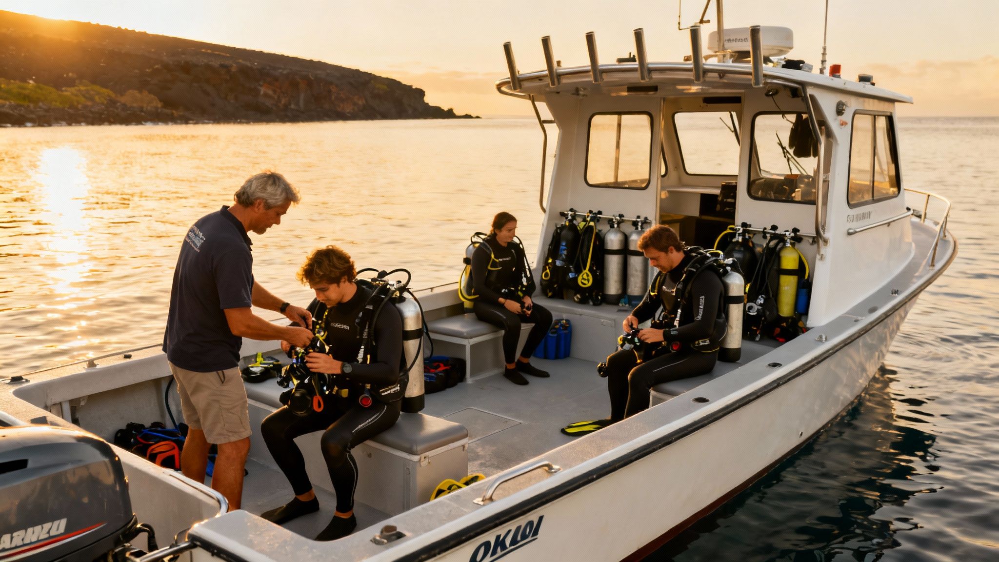 Scuba divers preparing their gear on a boat at sunset near a volcanic island.