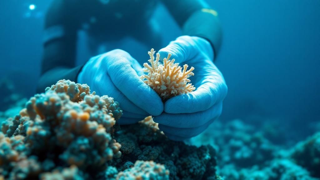 A scuba diver encounters a large green sea turtle while exploring a reef.