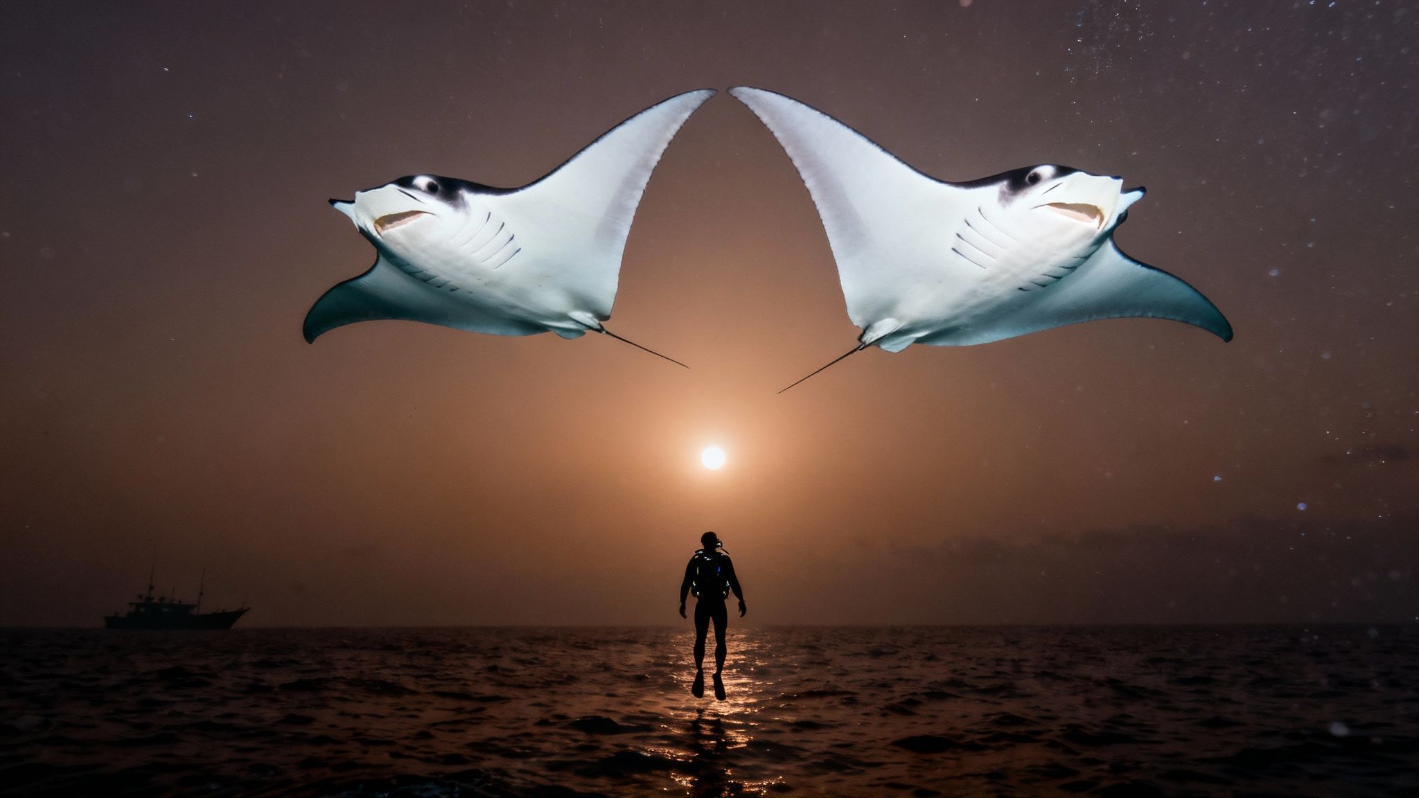 A diver floats in the ocean at sunset with two manta rays mirroring above, and a boat in the distance.