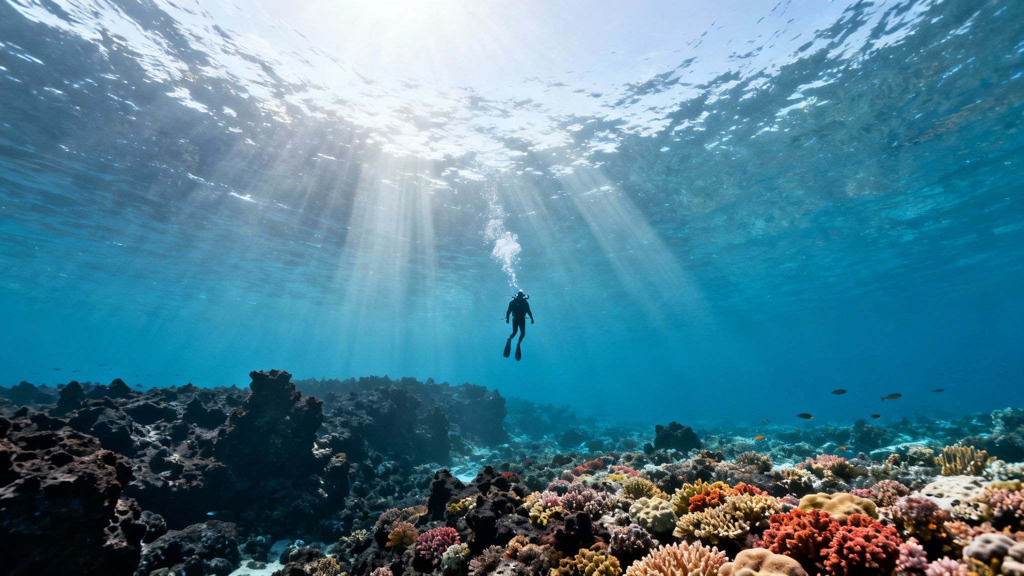 A diver explores a vibrant coral reef with sun rays shining through the clear blue ocean.