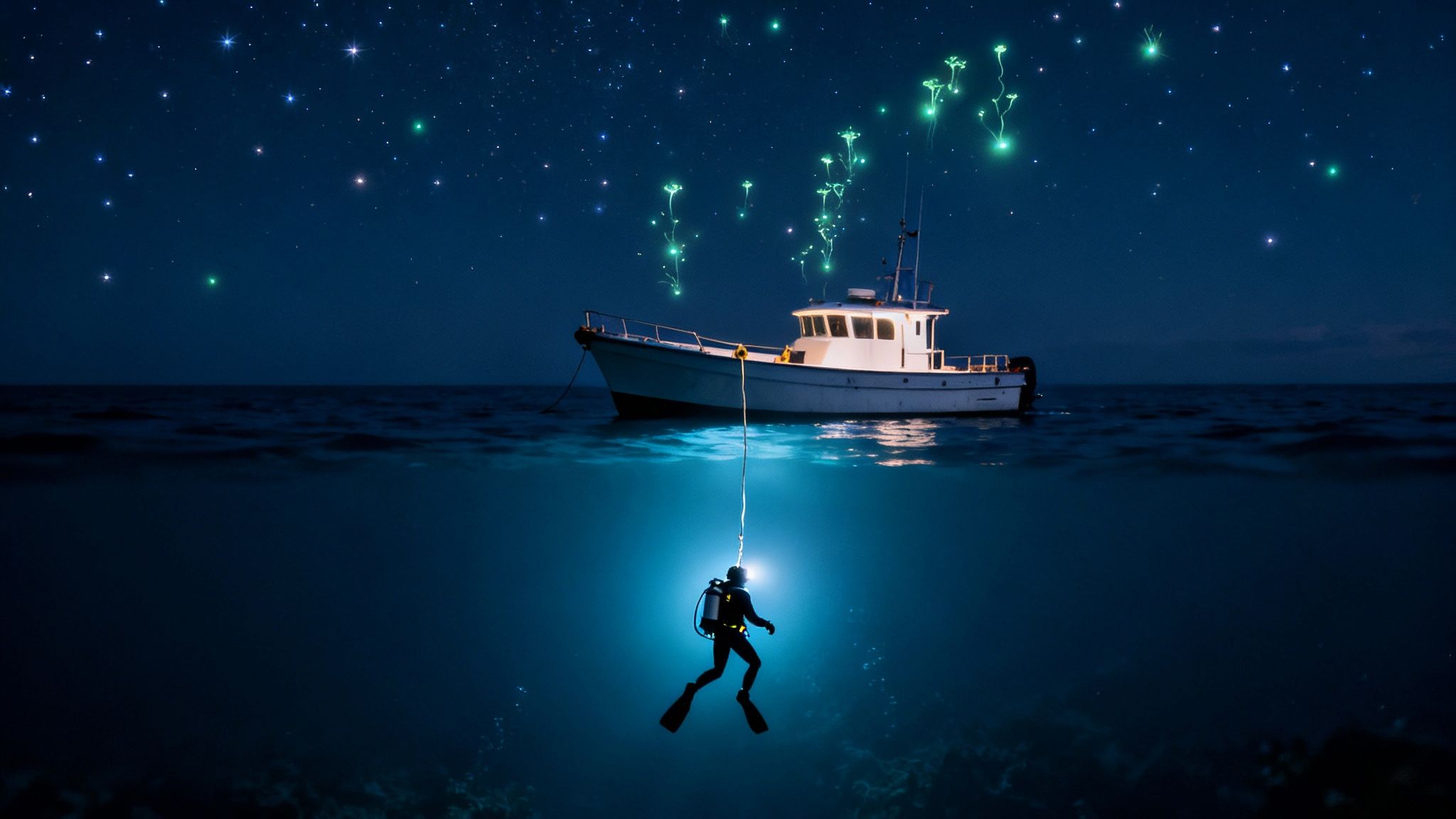 A diver with a headlamp descends into the dark ocean from a boat under a starry night sky.