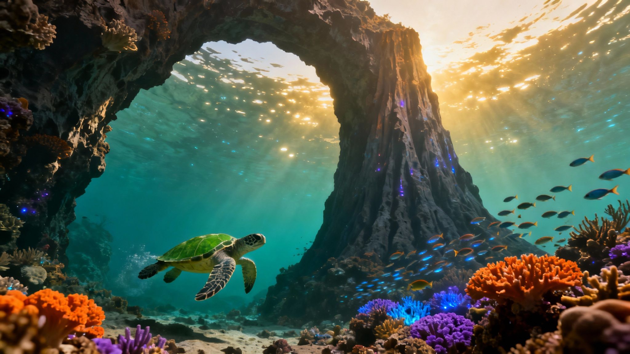 A sea turtle swims through an underwater archway vibrant with colorful coral and schools of fish, bathed in sunlit water.