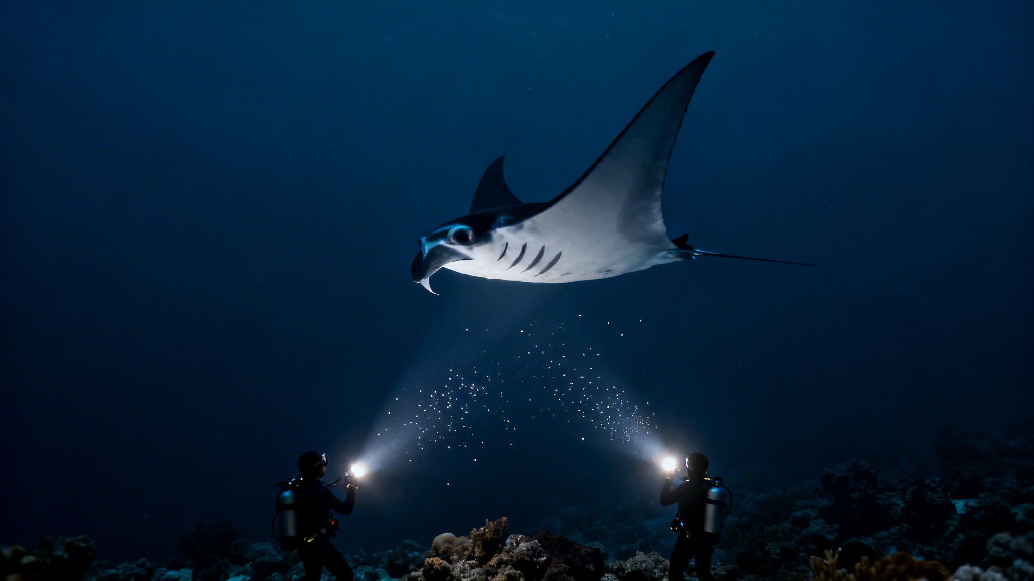 Two scuba divers shine flashlights on a majestic manta ray in the dark ocean at night.