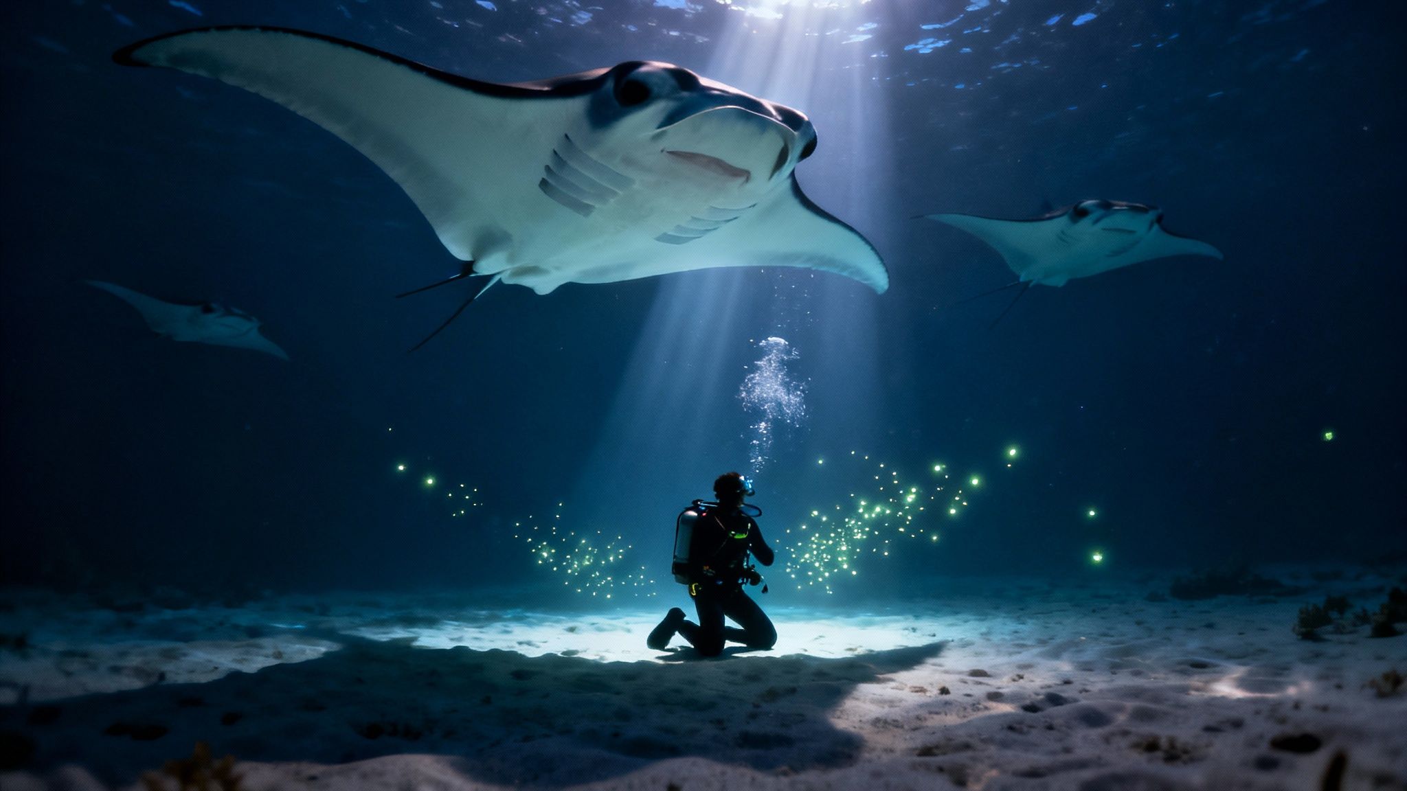 A manta ray glides gracefully over scuba divers during a night dive in Kona, Hawaii.