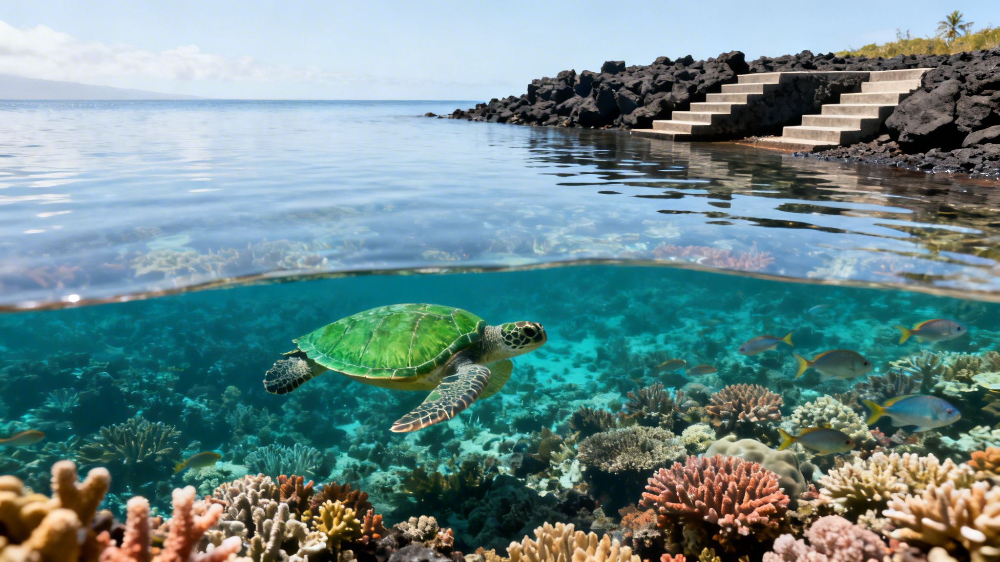 Green sea turtle swims over a vibrant coral reef in a split-level ocean view with rocky steps.