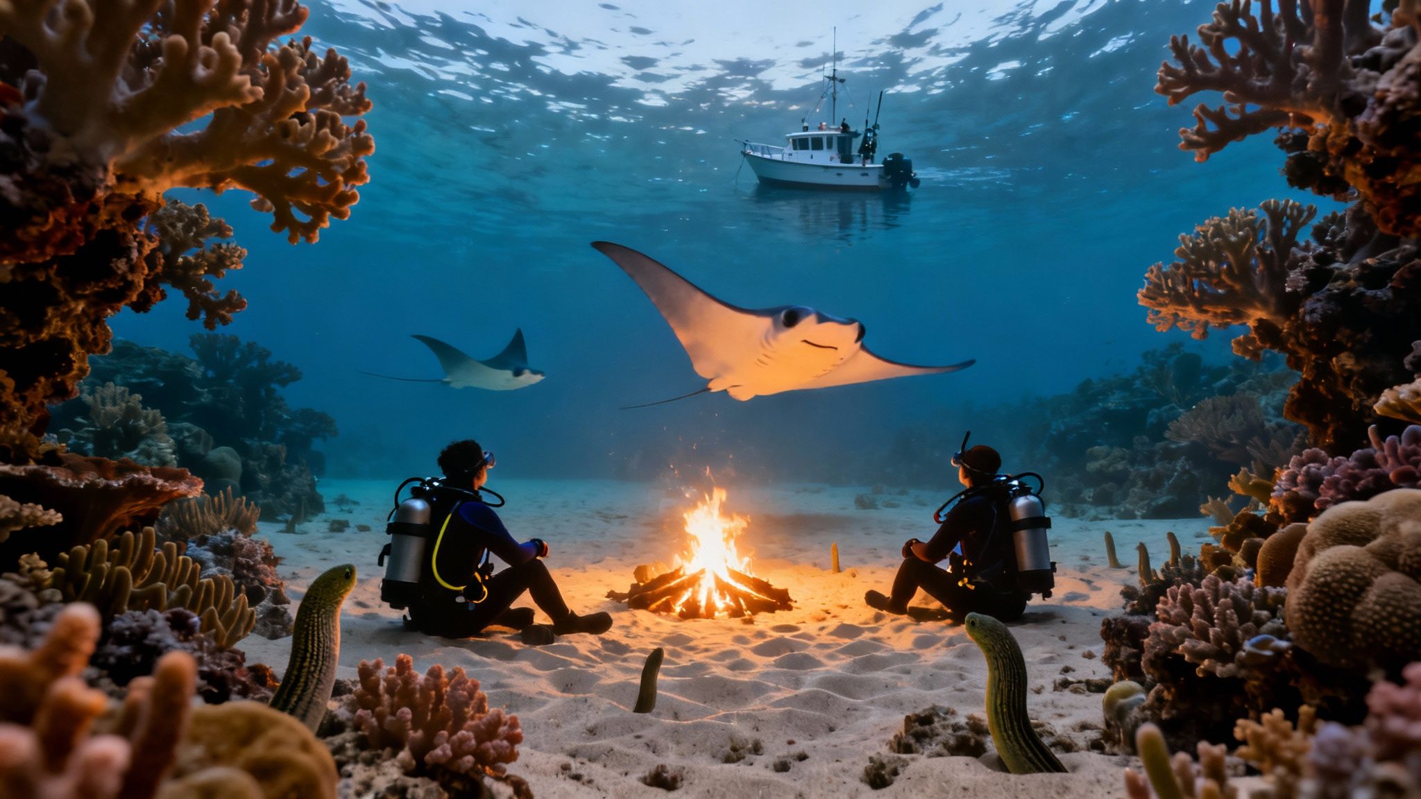 Two divers sit by an underwater campfire, watching manta rays swim above near a boat.