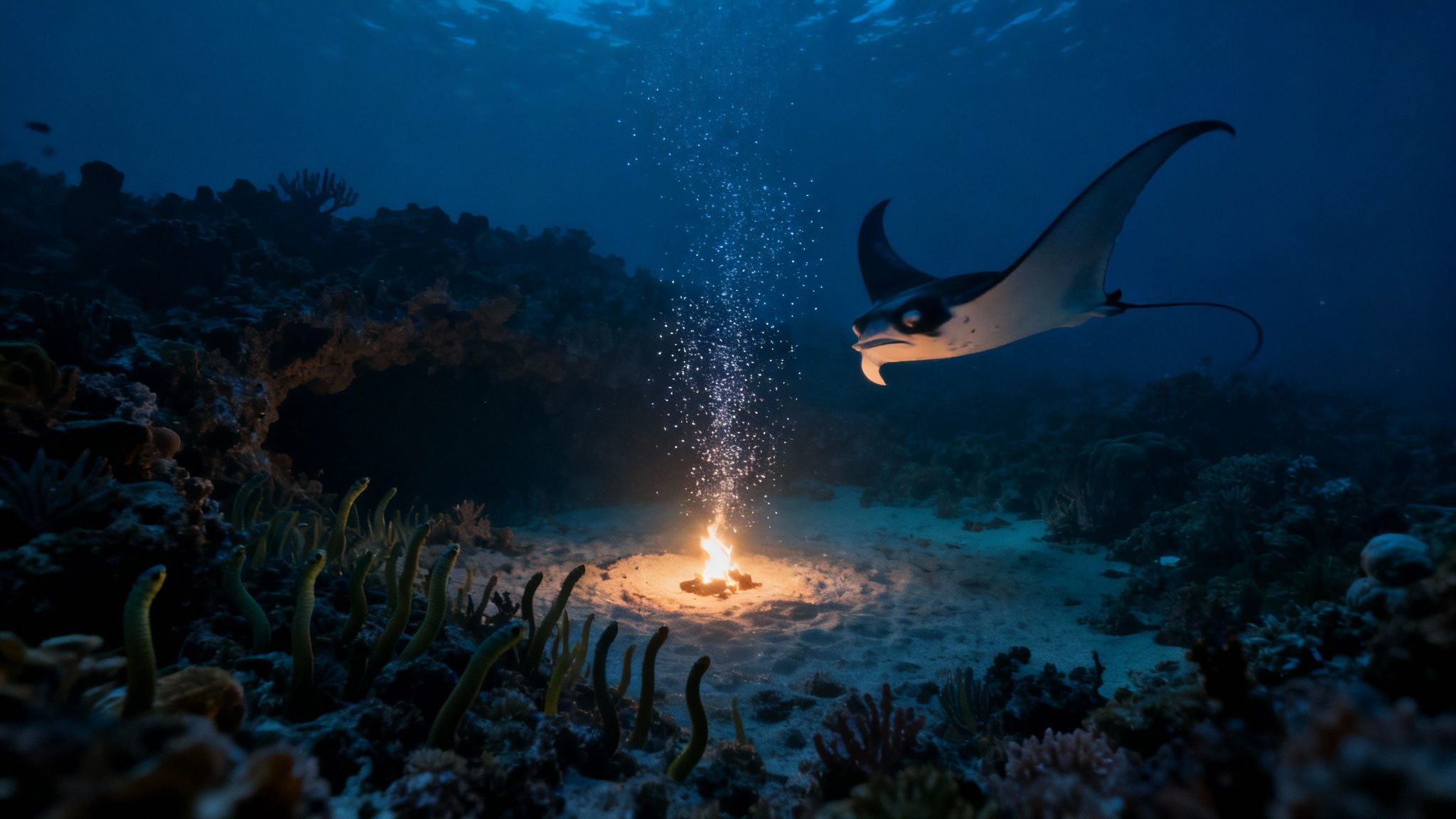 Two scuba divers on the sandy bottom at night, looking up as a giant manta ray glides gracefully over their lights.
