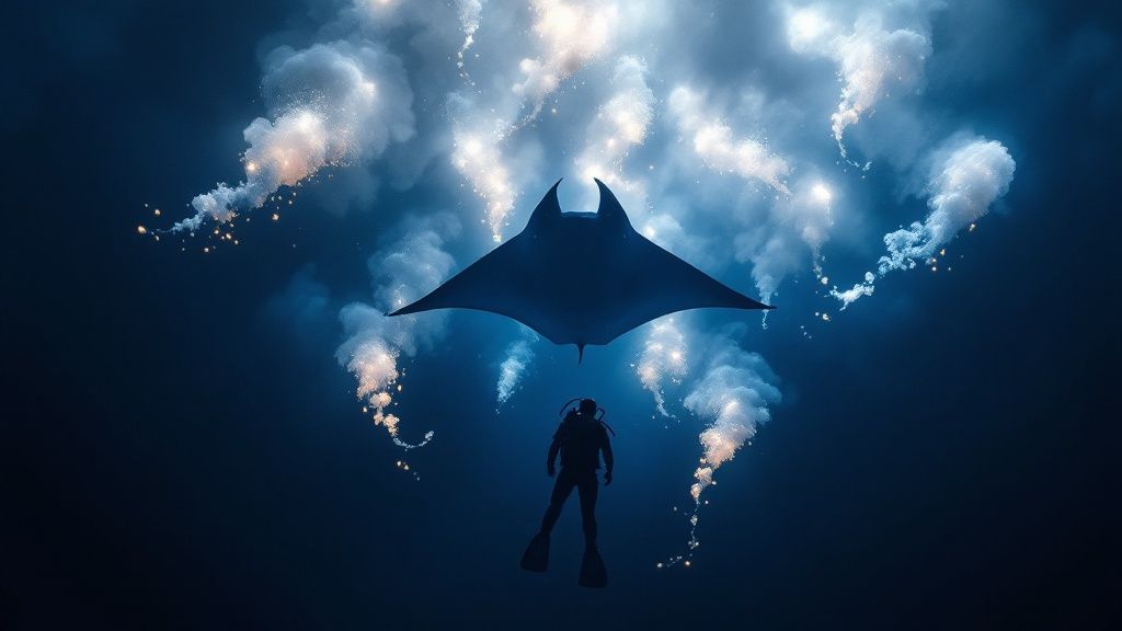 Snorkelers and divers together in the water at night, illuminated by bright lights, watching manta rays in Kona.