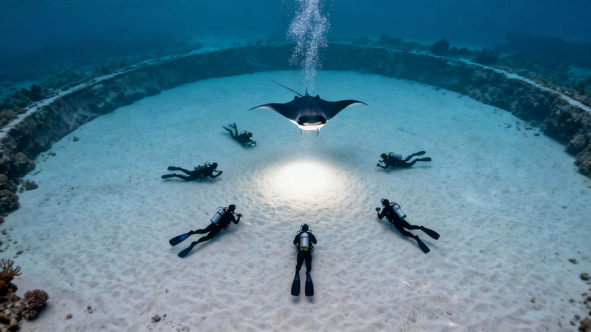 Underwater view of divers watching a manta ray feeding in a lit circular reef.