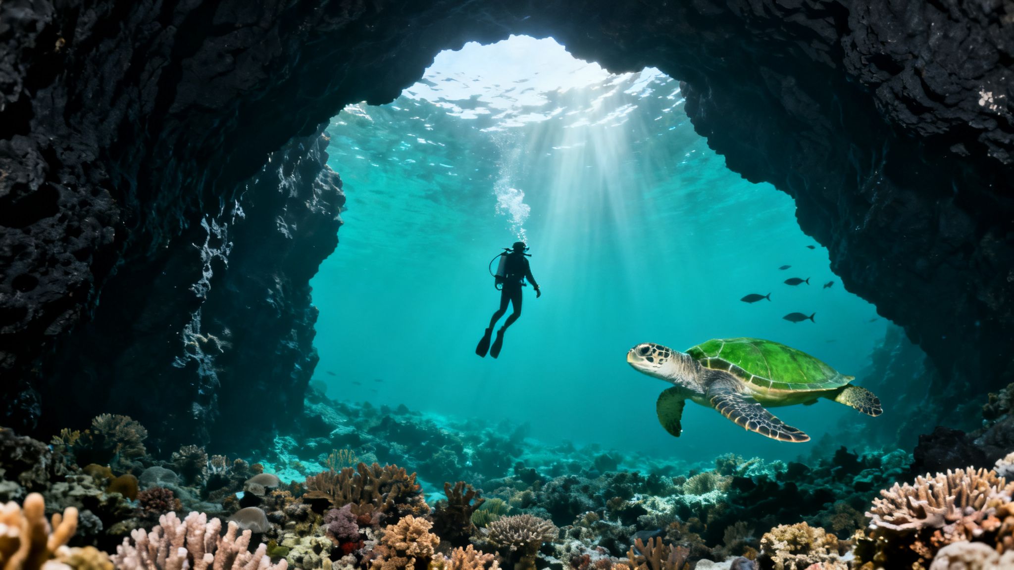 A scuba diver and a green sea turtle explore an illuminated underwater cave and vibrant coral reef.