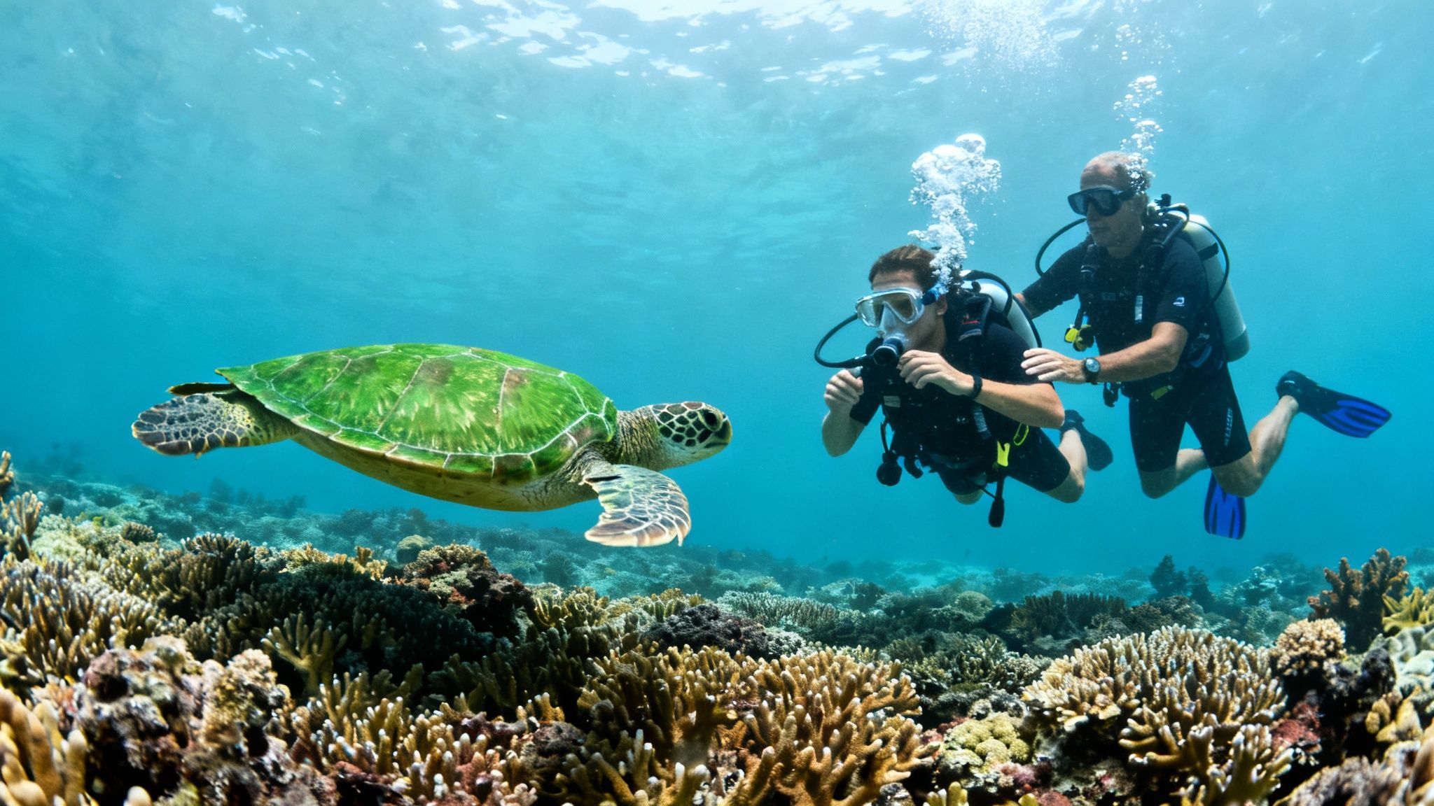 Two scuba divers observe a majestic green sea turtle swimming above a vibrant coral reef.