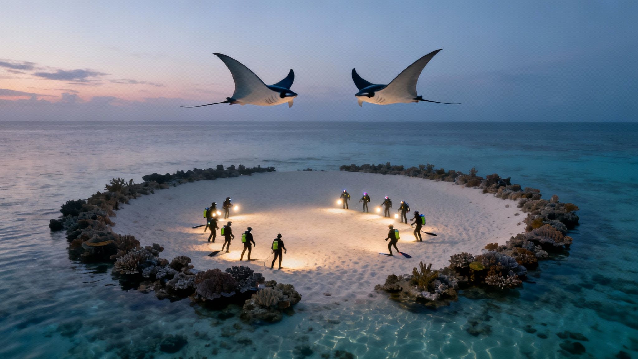 A manta ray gracefully swims over a sandy bottom near a coral reef during a night dive