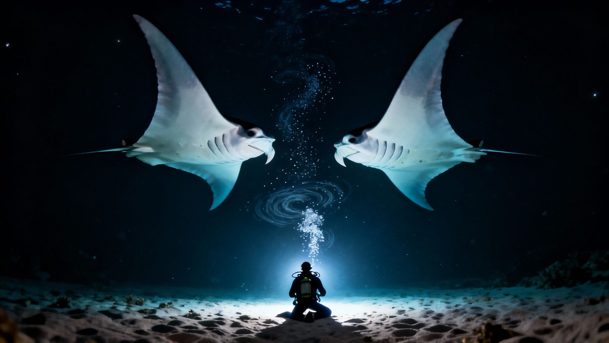 Giant Manta Ray swimming at night in Kona, Hawaii