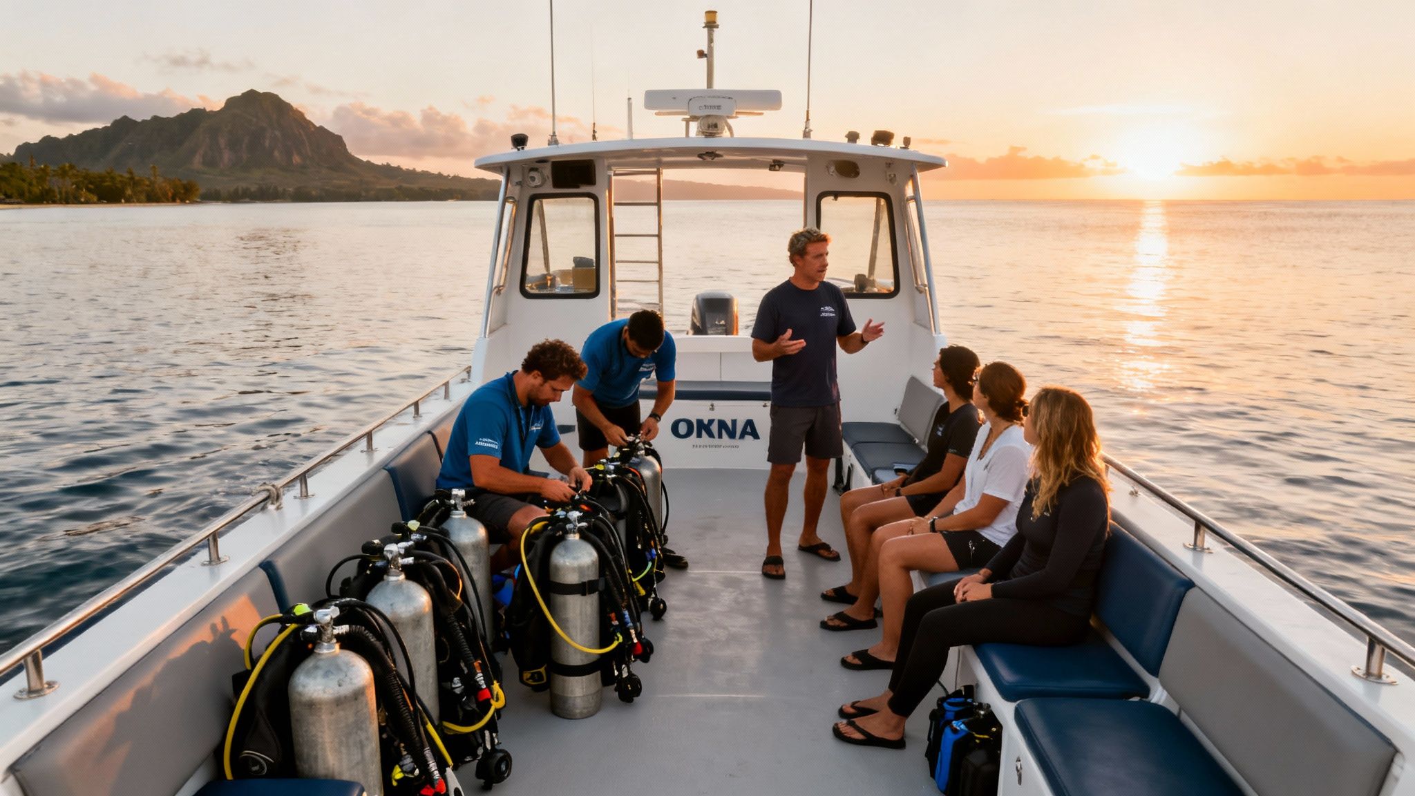 Scuba divers and instructors on a boat preparing for a dive at sunset with mountains in the background.