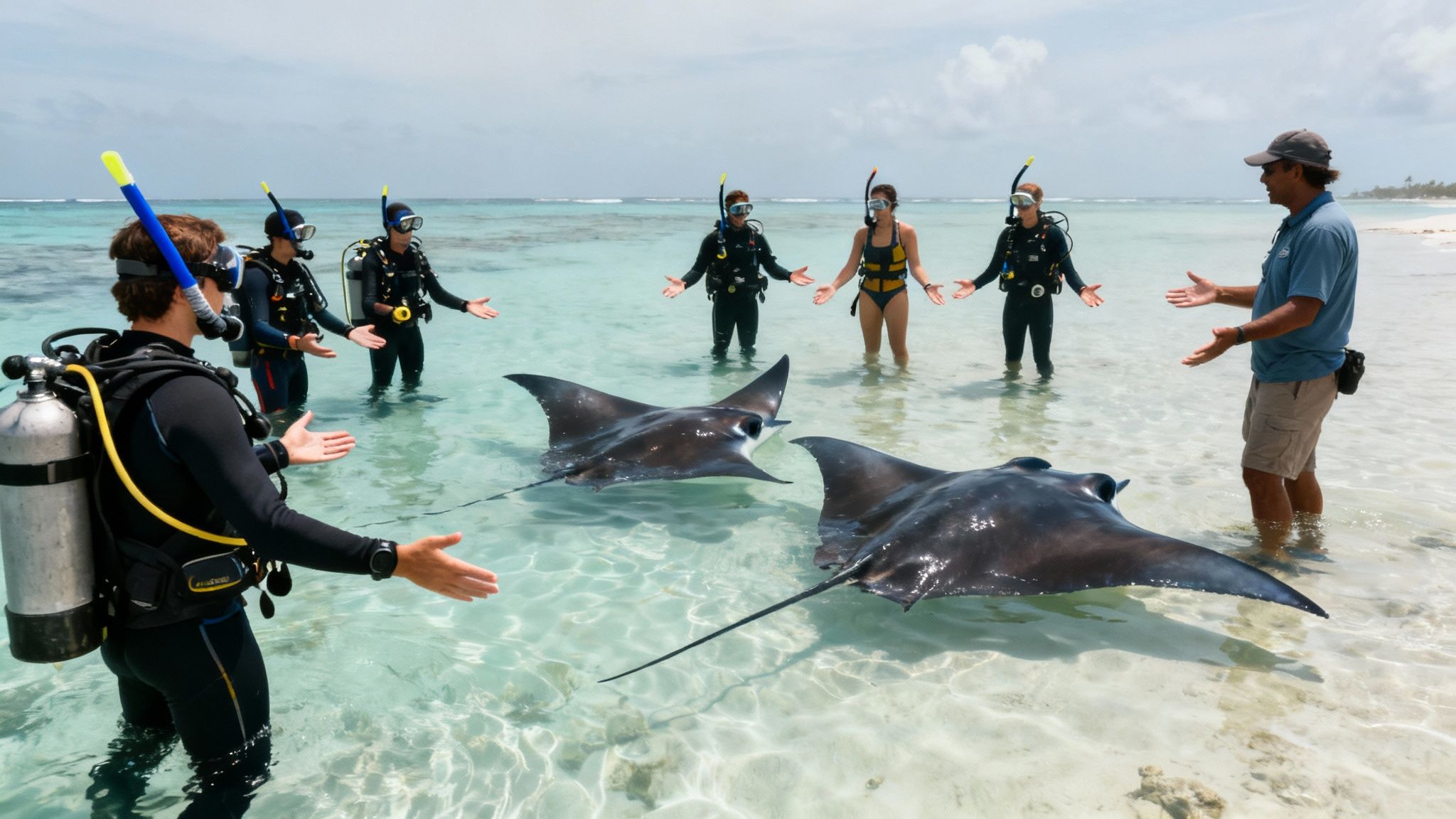 A diver kneels respectfully on the ocean floor, shining a light up as a large manta ray glides gracefully overhead.