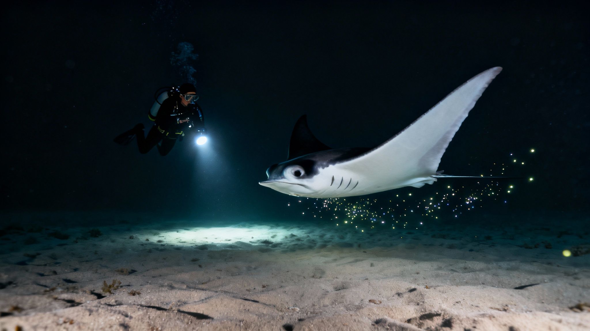 Underwater, a diver shines a light on a manta ray, with bioluminescence sparkling around it.