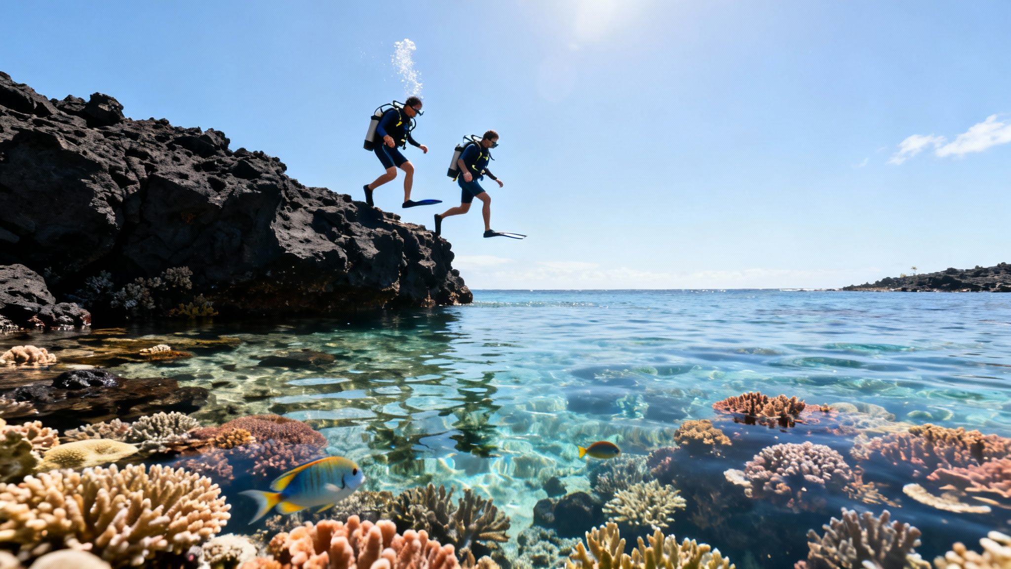 Two scuba divers leap from a rocky cliff into clear ocean water over a vibrant coral reef.