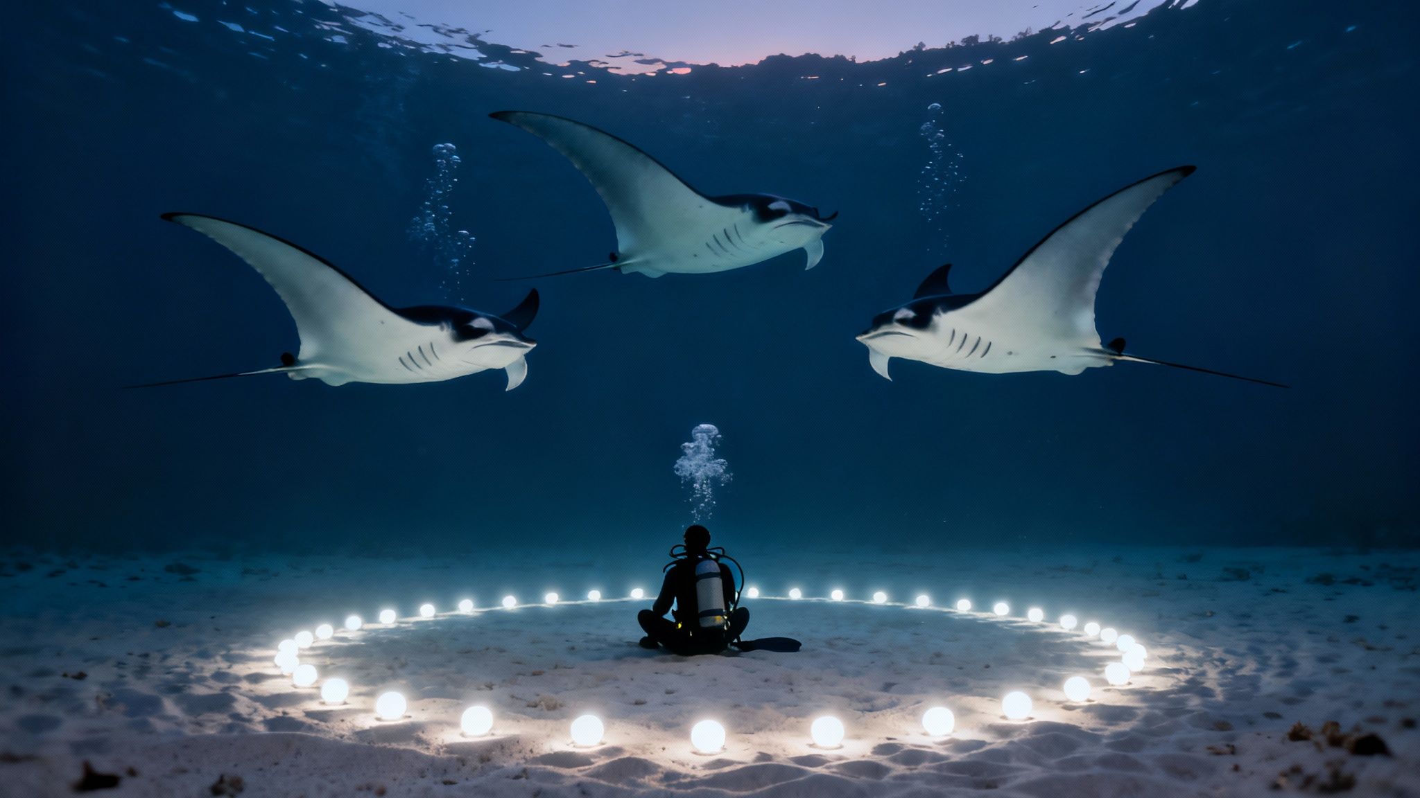 A massive manta ray swims gracefully over scuba divers during a night dive in Kona, Hawaii.