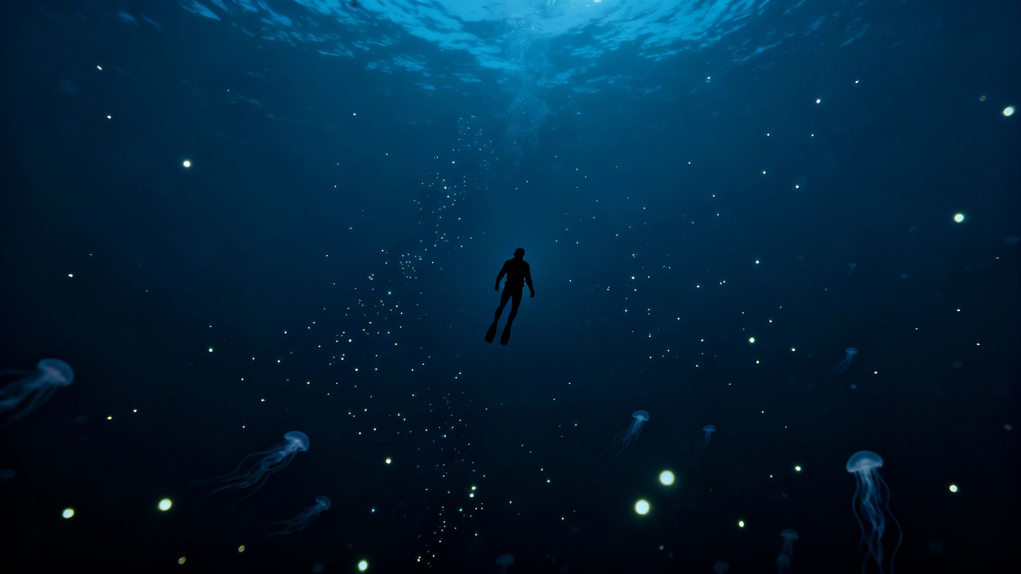 A scuba diver shines a light into the deep, dark water during a blackwater dive on the Big Island, Hawaii.