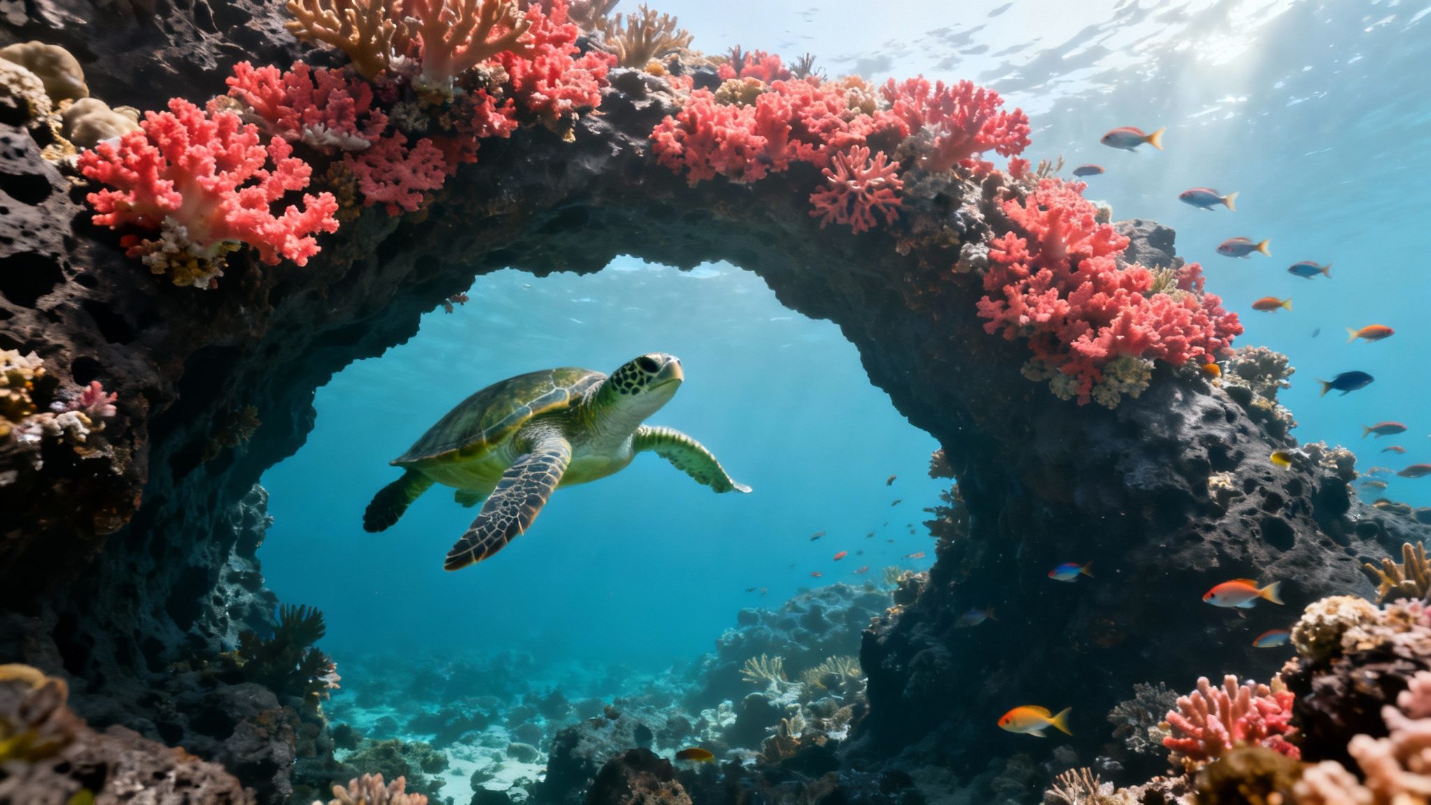 A scuba diver explores a dramatic underwater lava tube formation in Kona, Hawaii.