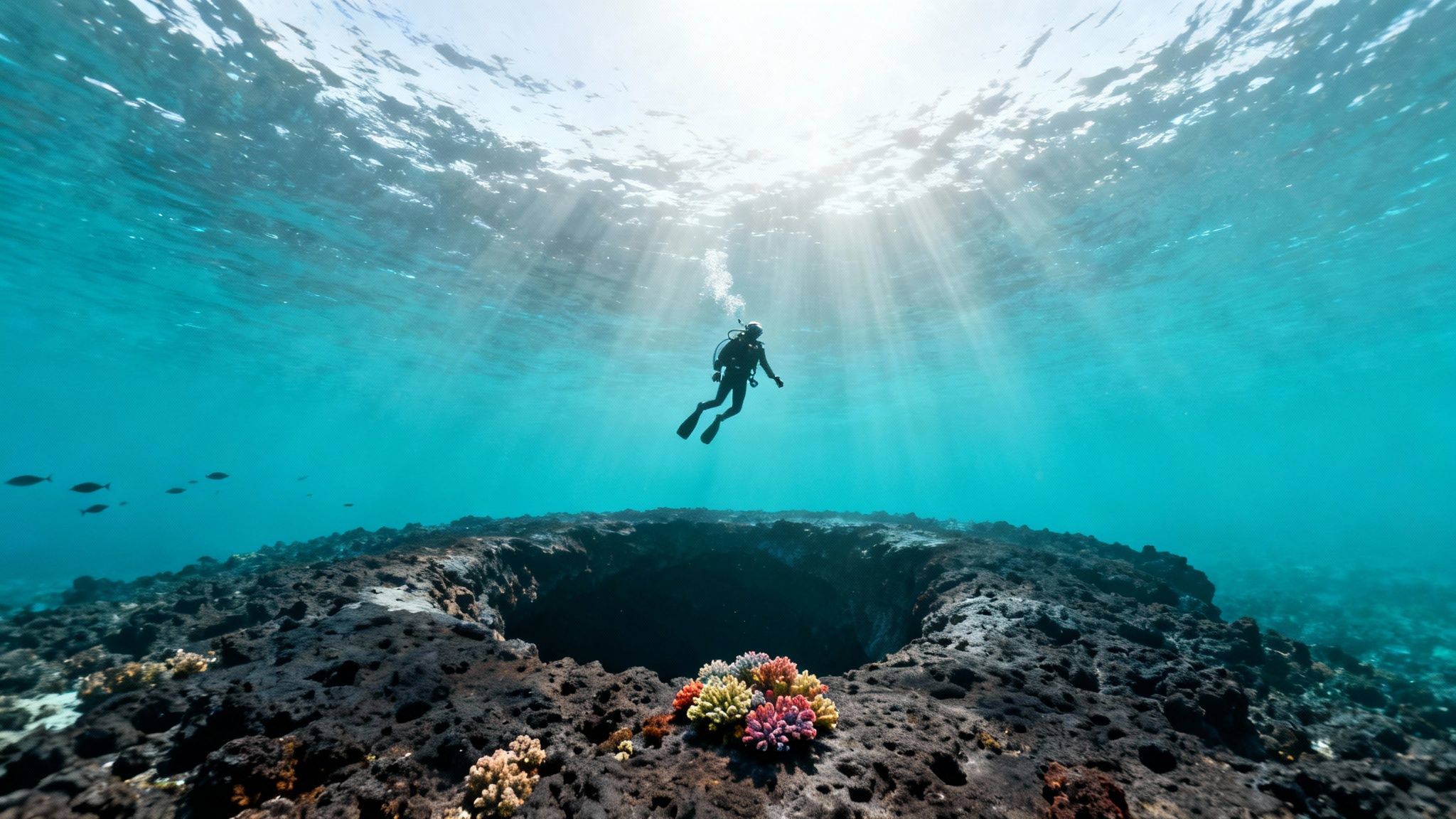A scuba diver descends into turquoise waters above a dark underwater cavern surrounded by vibrant coral.