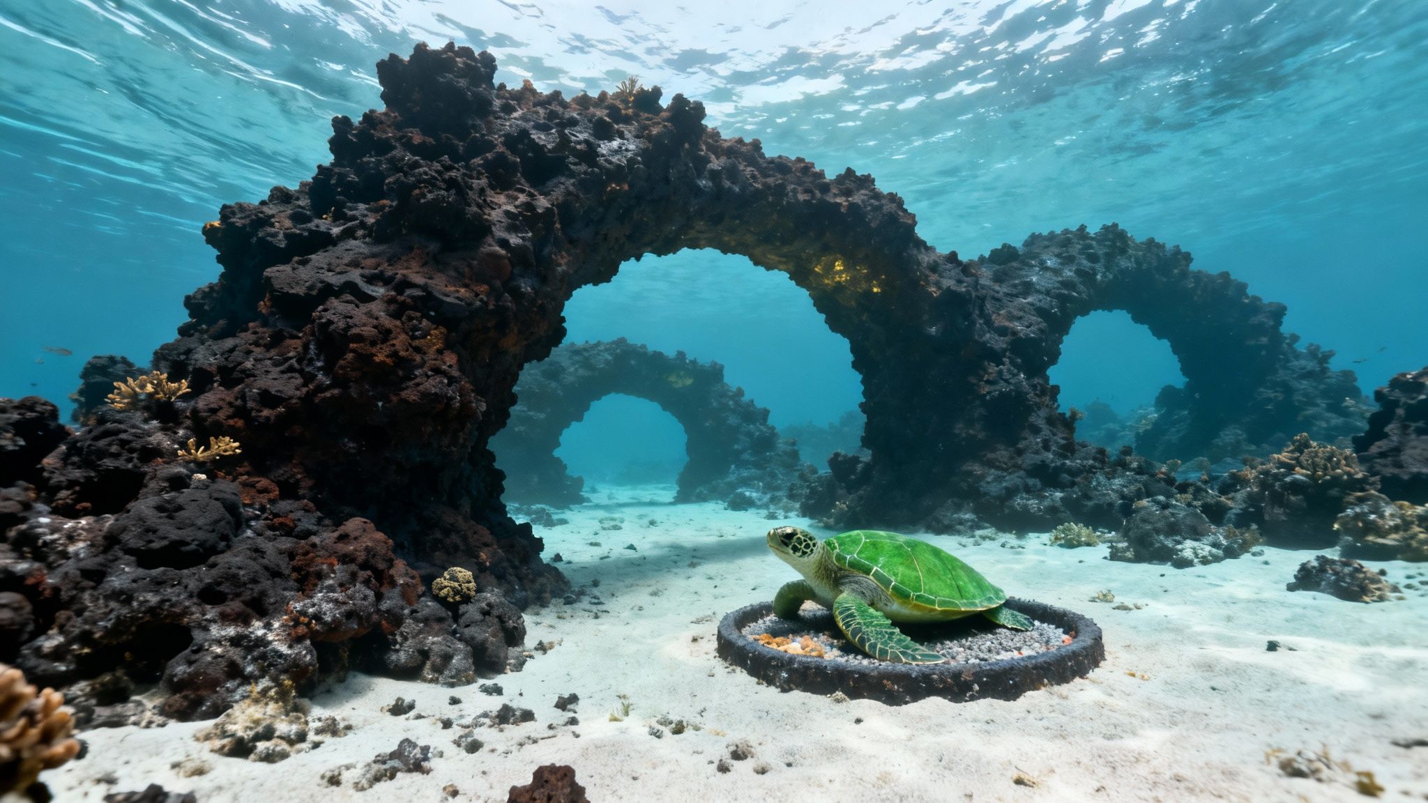 A vibrant coral reef with a sea turtle swimming gracefully in the clear blue waters of Kona, Hawaii.