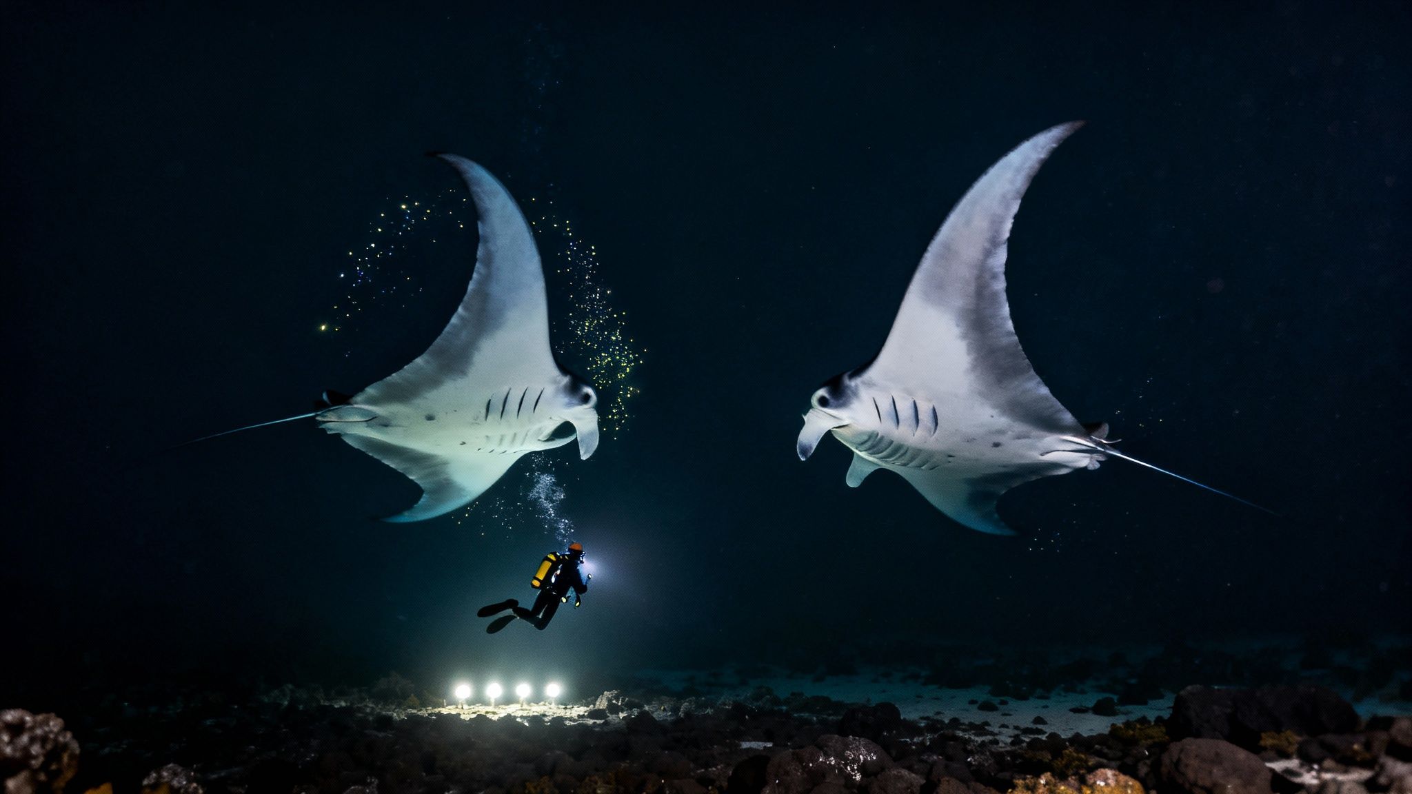 A group of scuba divers on the ocean floor watching a large manta ray swim overhead, illuminated by bright lights.