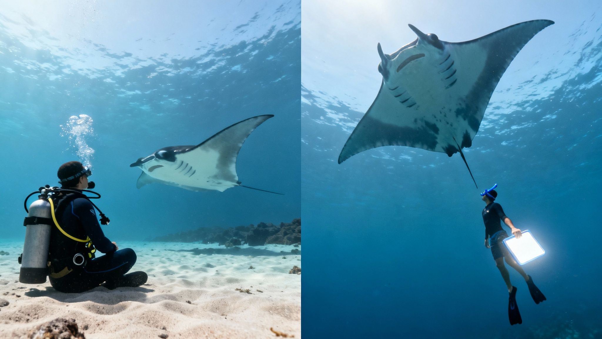Snorkelers holding onto a light board to attract manta rays in Kona.