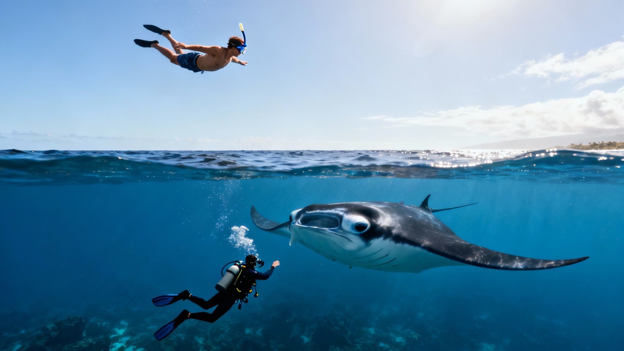 A scuba diver kneels on the ocean floor as a large manta ray glides gracefully overhead.