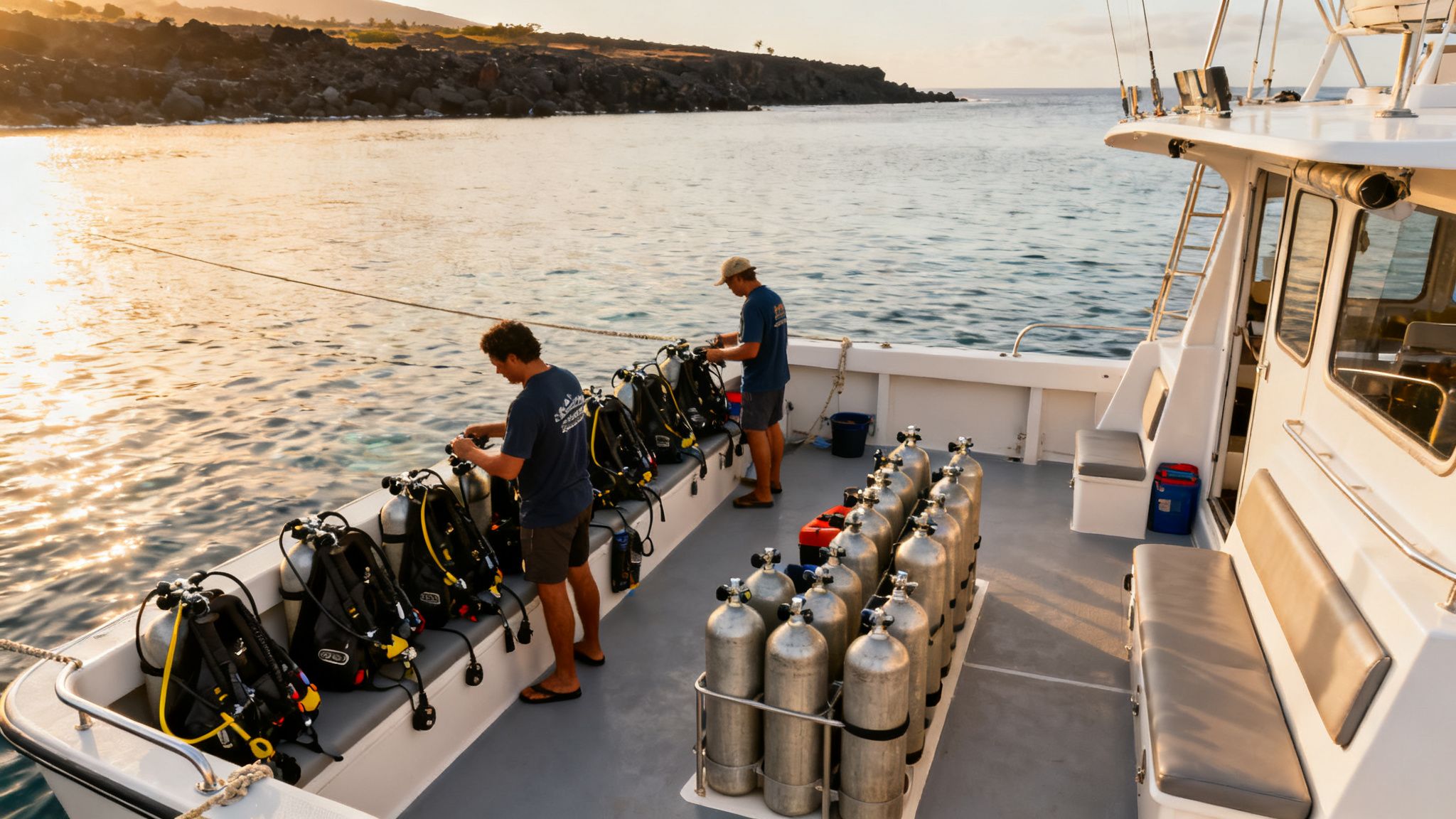 Two men preparing scuba diving gear on a boat deck at sunrise with a rocky coast in the background.