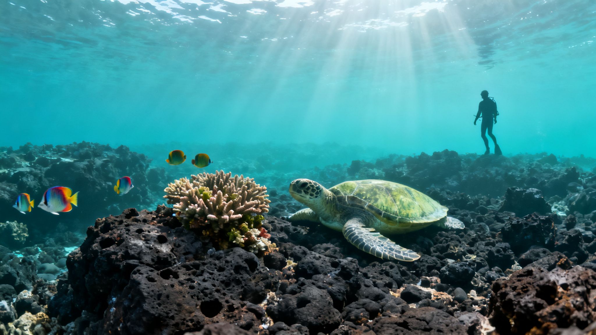 An underwater scene with a green sea turtle, colorful fish, coral, and a diver with sun rays.