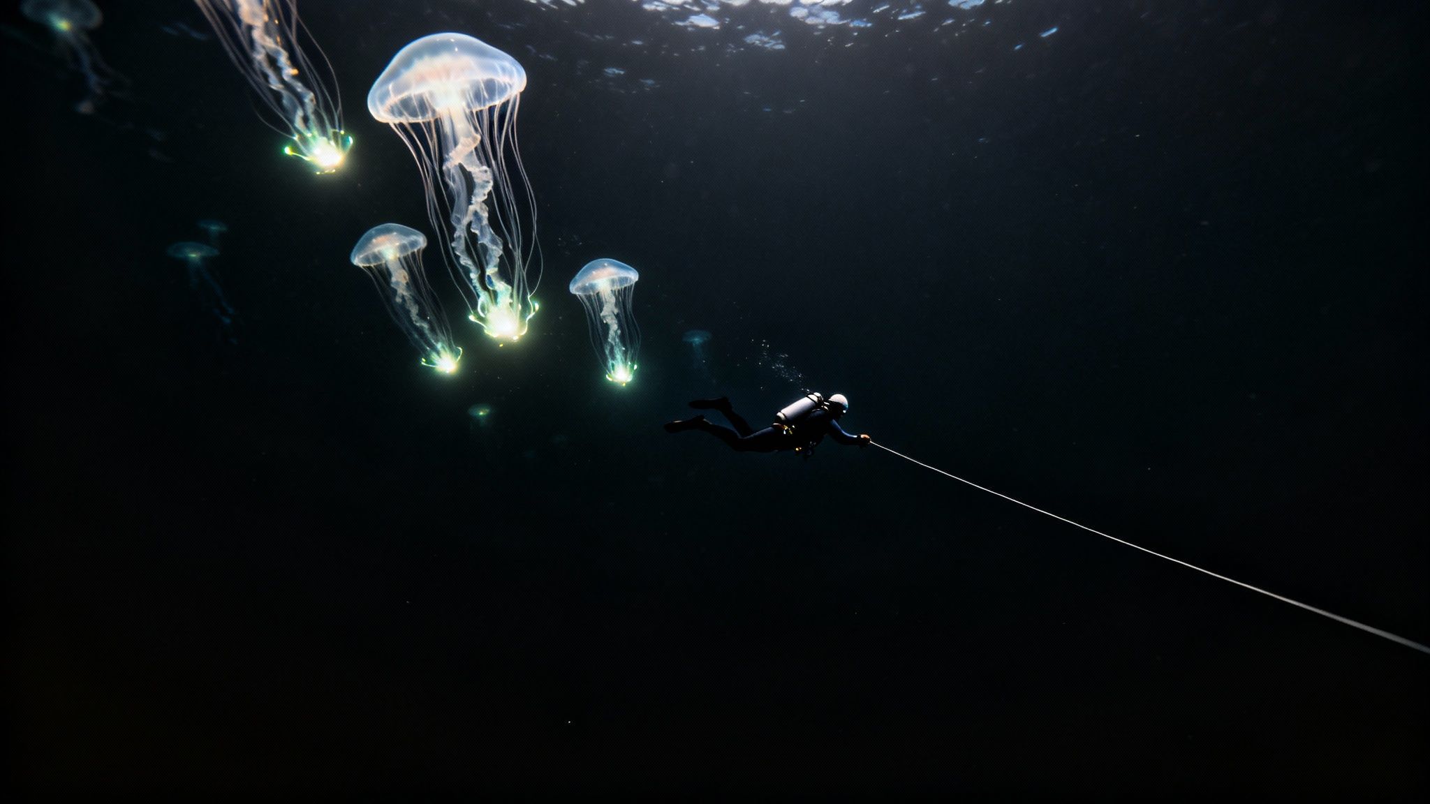 A bioluminescent creature photographed during a blackwater dive off the coast of Kona, Hawaii.