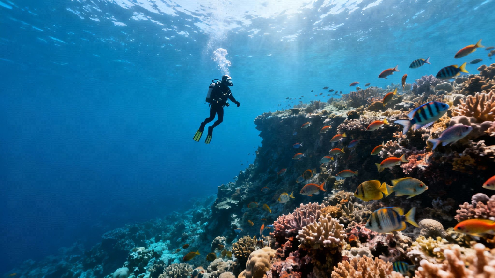 Divers exploring a vibrant reef in Hawaii, symbolizing the freedom of certification.