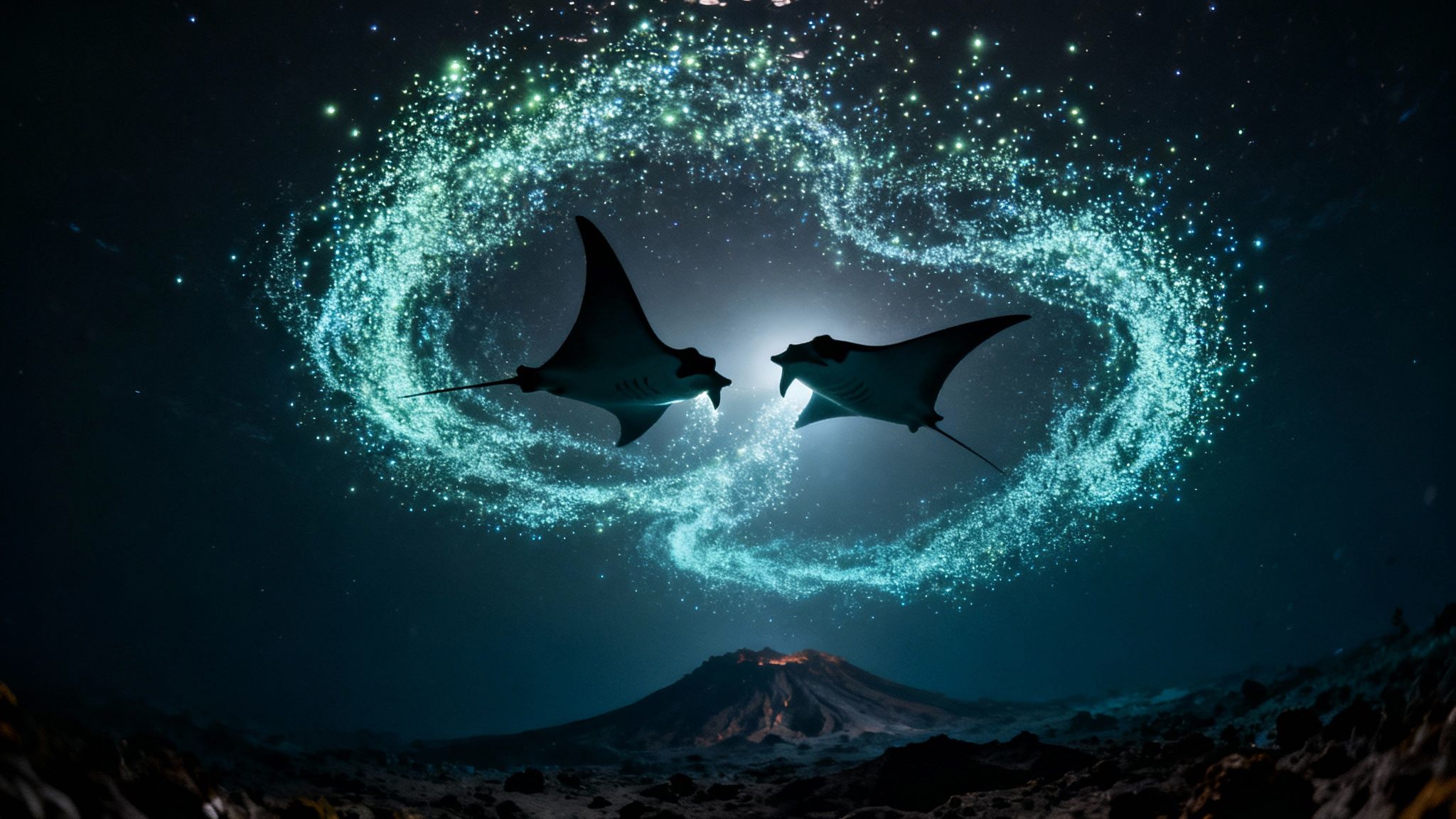 A manta ray gracefully swims over scuba divers during a night dive in Kailua Kona.